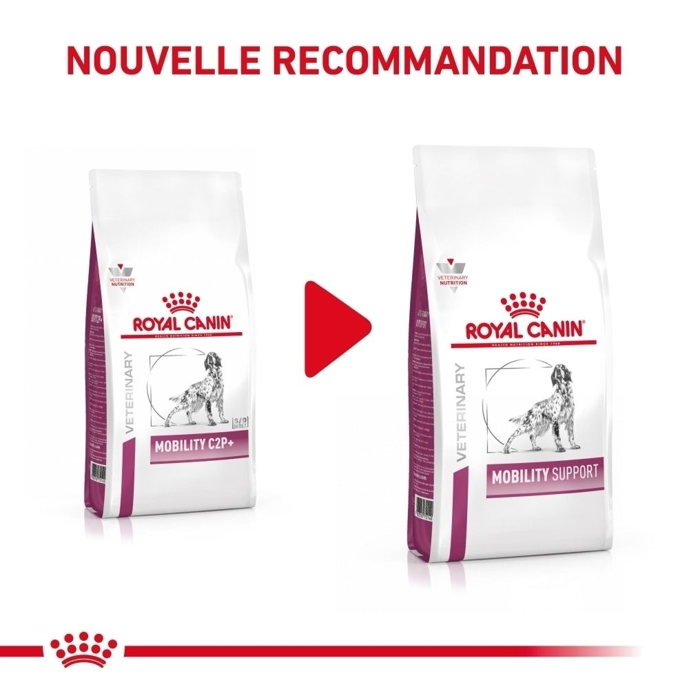 Deux sacs de nourriture pour chien côte à côte. "Mobility C2P+" à gauche, "Mobility Support" à droite. "Nouvelle recommandation" au-dessus.