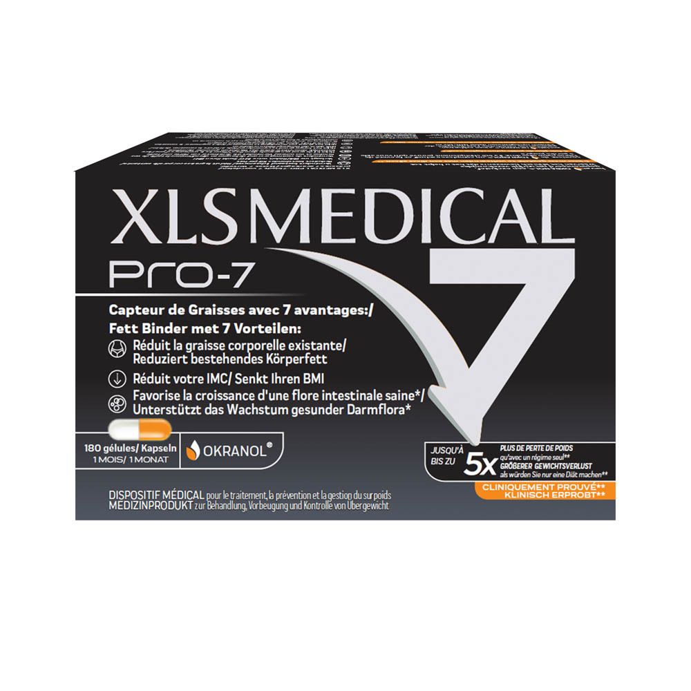 Boîte noire XLS MEDICAL PRO-7. Contient 180 gélules. Flèche orange et texte.