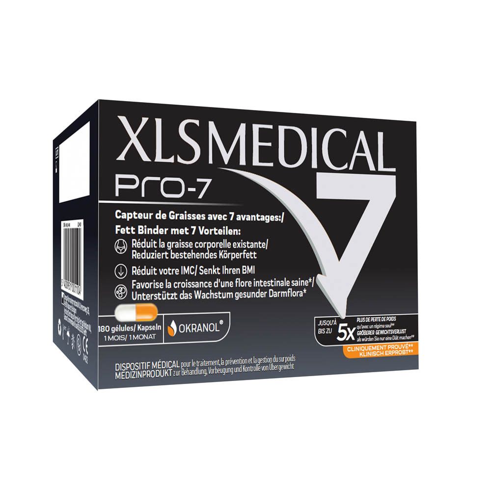 Boîte noire XLS MEDICAL PRO-7. Contient 180 gélules. Flèche orange et texte.