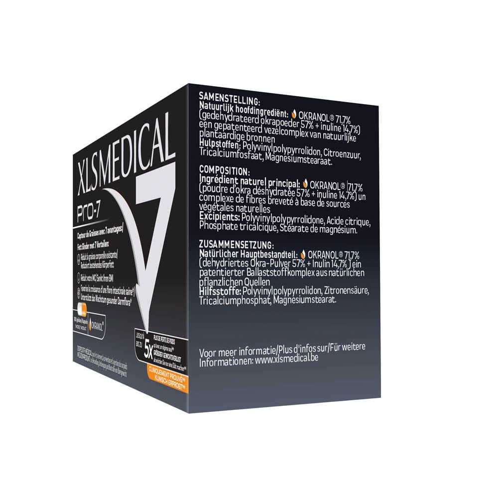 Dos de la boîte noire XLS MEDICAL PRO-7. Code-barres, ingrédients et informations fabricant.