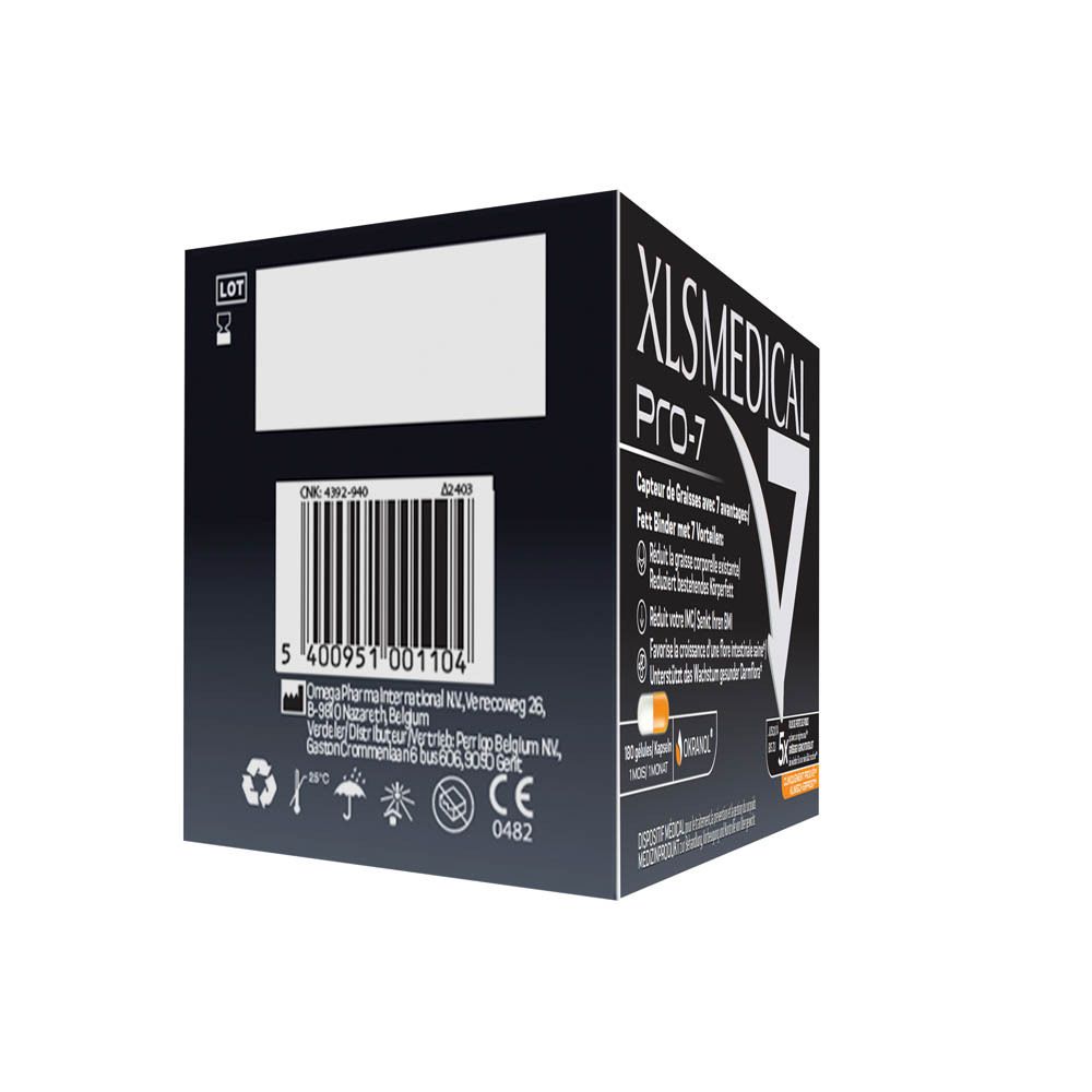 Côté de la boîte noire XLS MEDICAL PRO-7. Texte avec avantages et ingrédients.