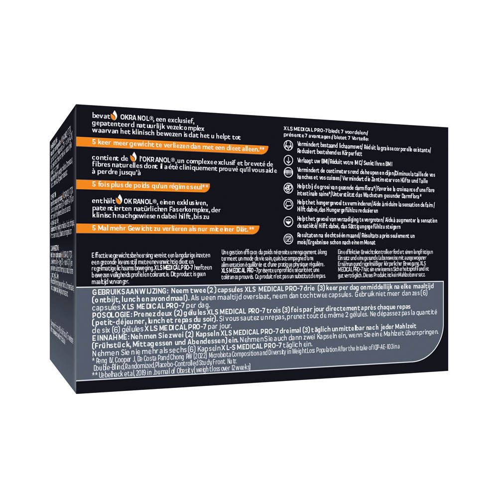 Côté de la boîte noire XLS MEDICAL PRO-7. Texte avec instructions et posologie.