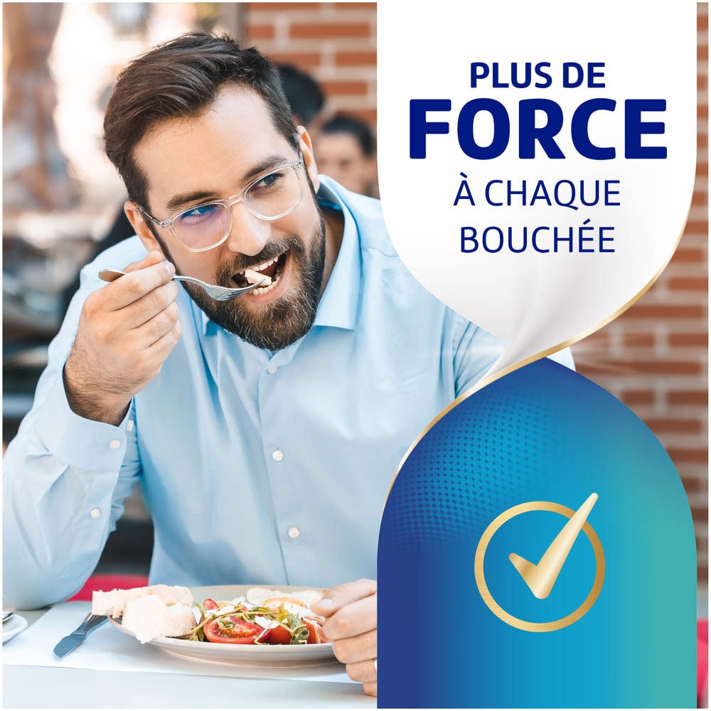 Homme mangeant. Texte: Plus de Force à chaque bouchée. Logo avec coche.