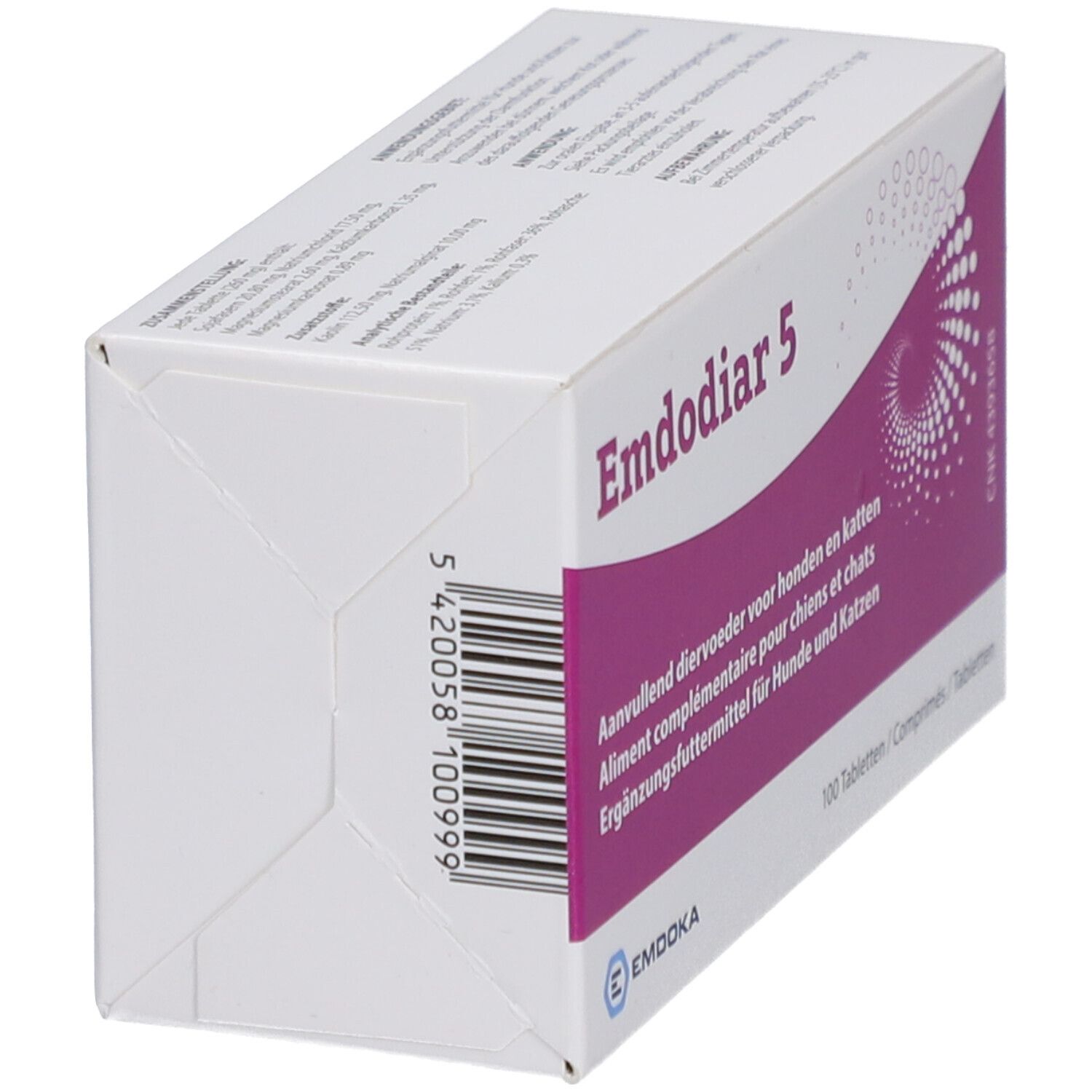 Boîte blanche inclinée avec accents violets. Inscription "Emdodiar 5". Pour chiens et chats.