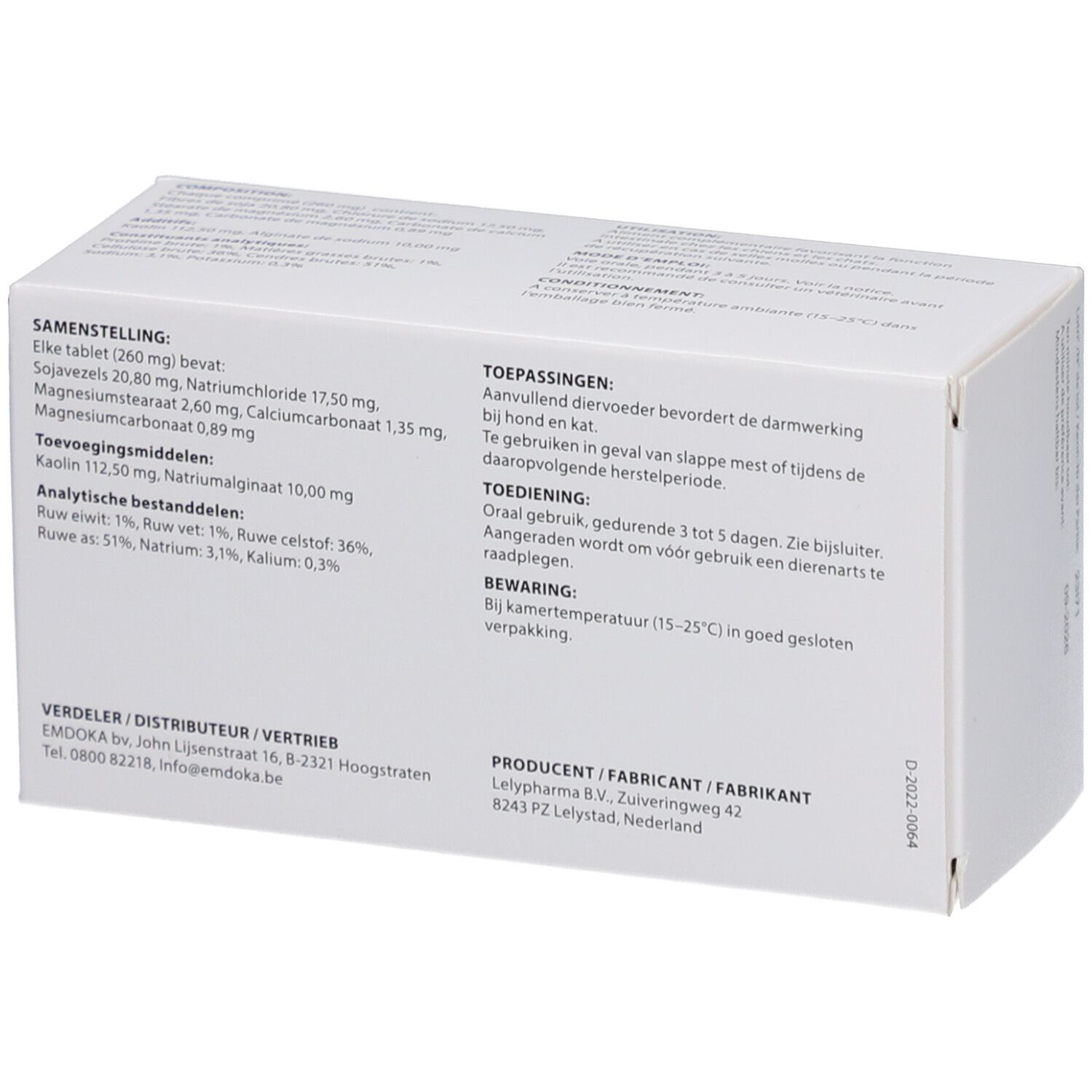 Dos de la boîte blanche. Texte en néerlandais. Contient des informations sur les ingrédients et l'utilisation.