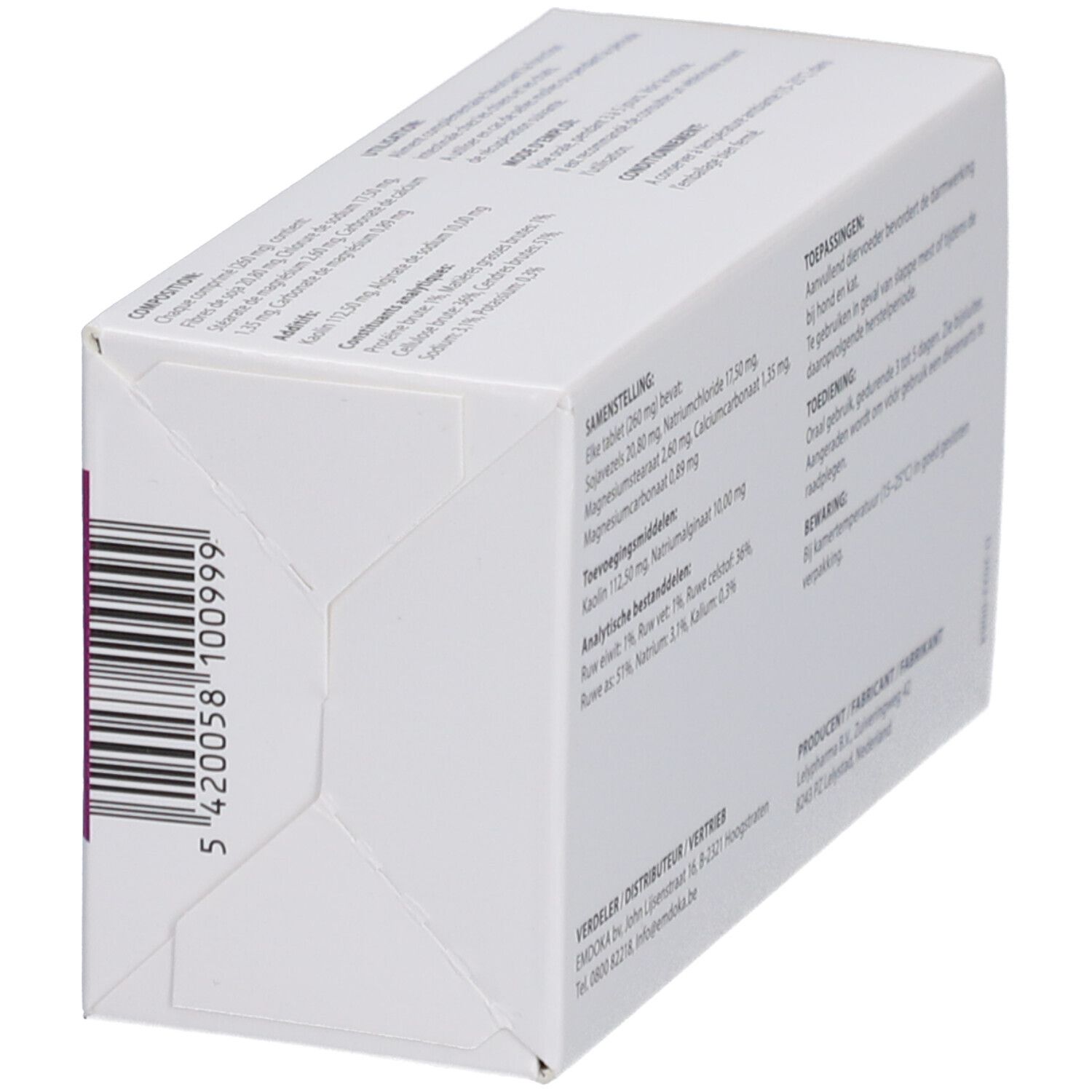 Boîte blanche inclinée. Texte en néerlandais. Informations sur les ingrédients et l'utilisation.