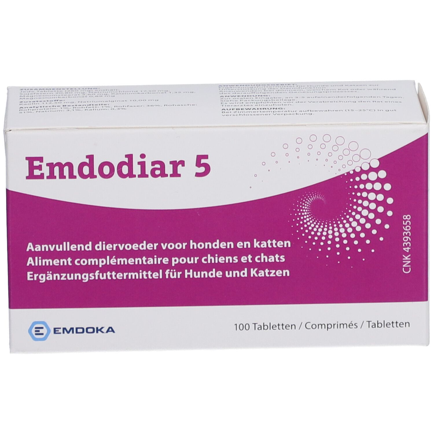 Boîte blanche avec accents violets. Inscription "Emdodiar 5". Pour chiens et chats. 100 comprimés.