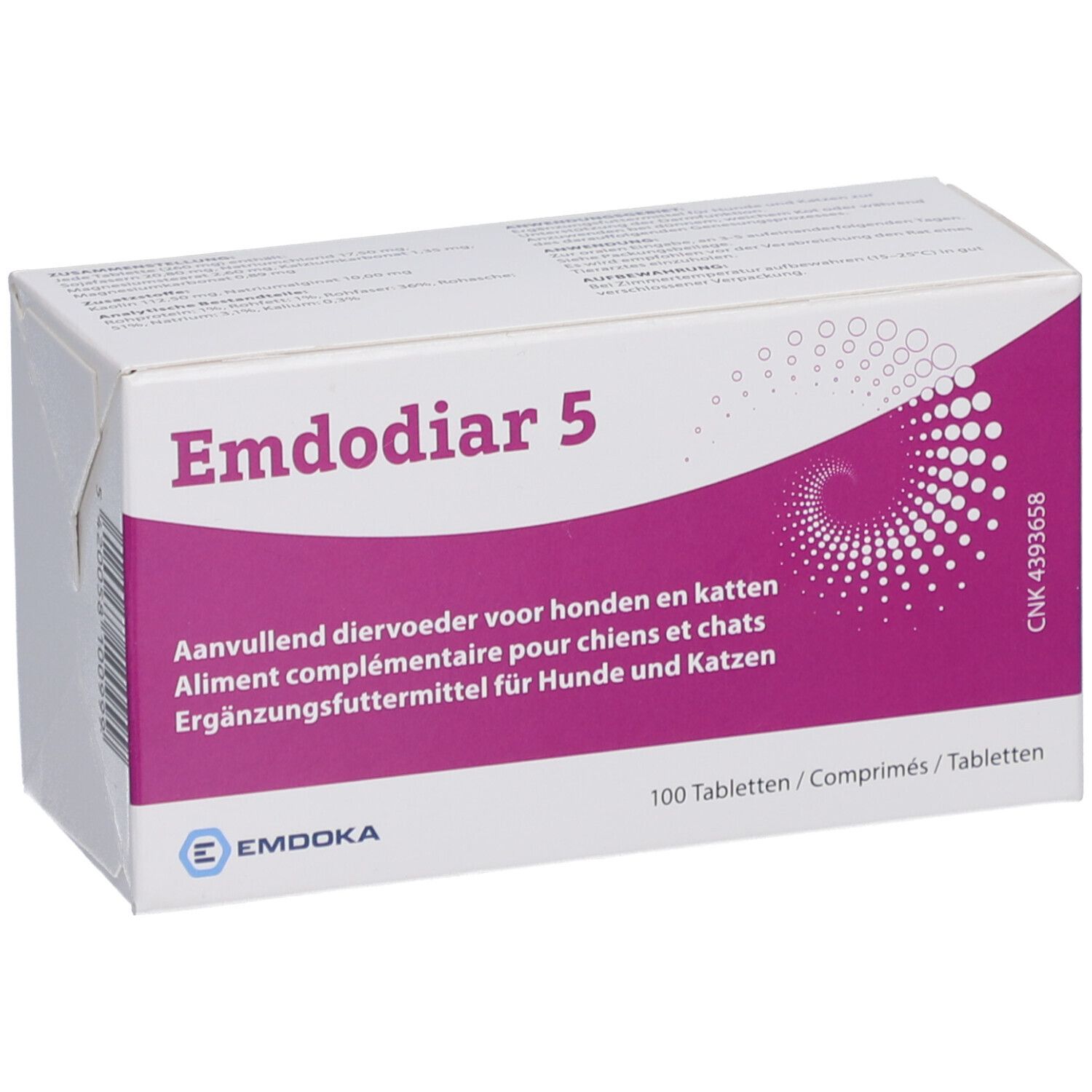 Boîte blanche avec accents violets. Inscription "Emdodiar 5". Pour chiens et chats. 100 comprimés.