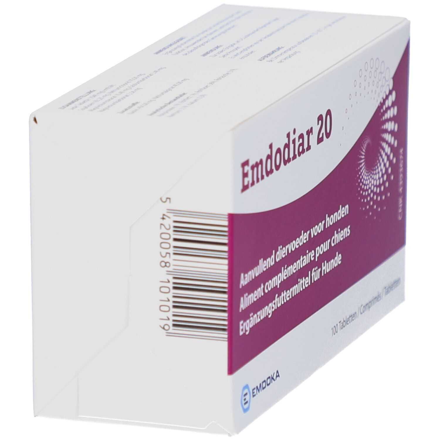 Emballage blanc, vu en biais. Impression: Emdodiar 20. Code-barres et texte en plusieurs langues.