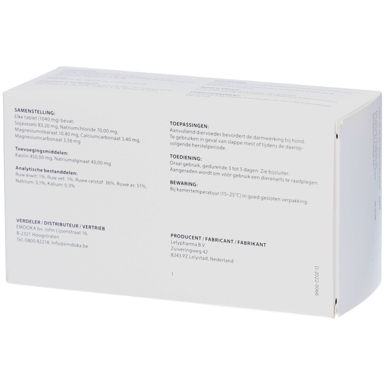 Dos de l'emballage blanc. Texte en plusieurs langues. Informations sur les ingrédients, l'utilisation, le dosage et le stockage.