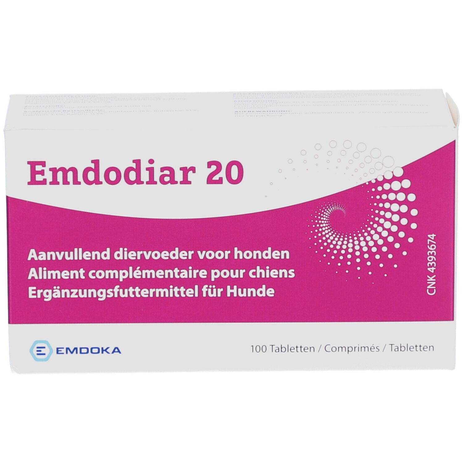Boîte rectangulaire blanche avec accent violet. Inscription: Emdodiar 20. Complément alimentaire pour chiens. 100 comprimés.
