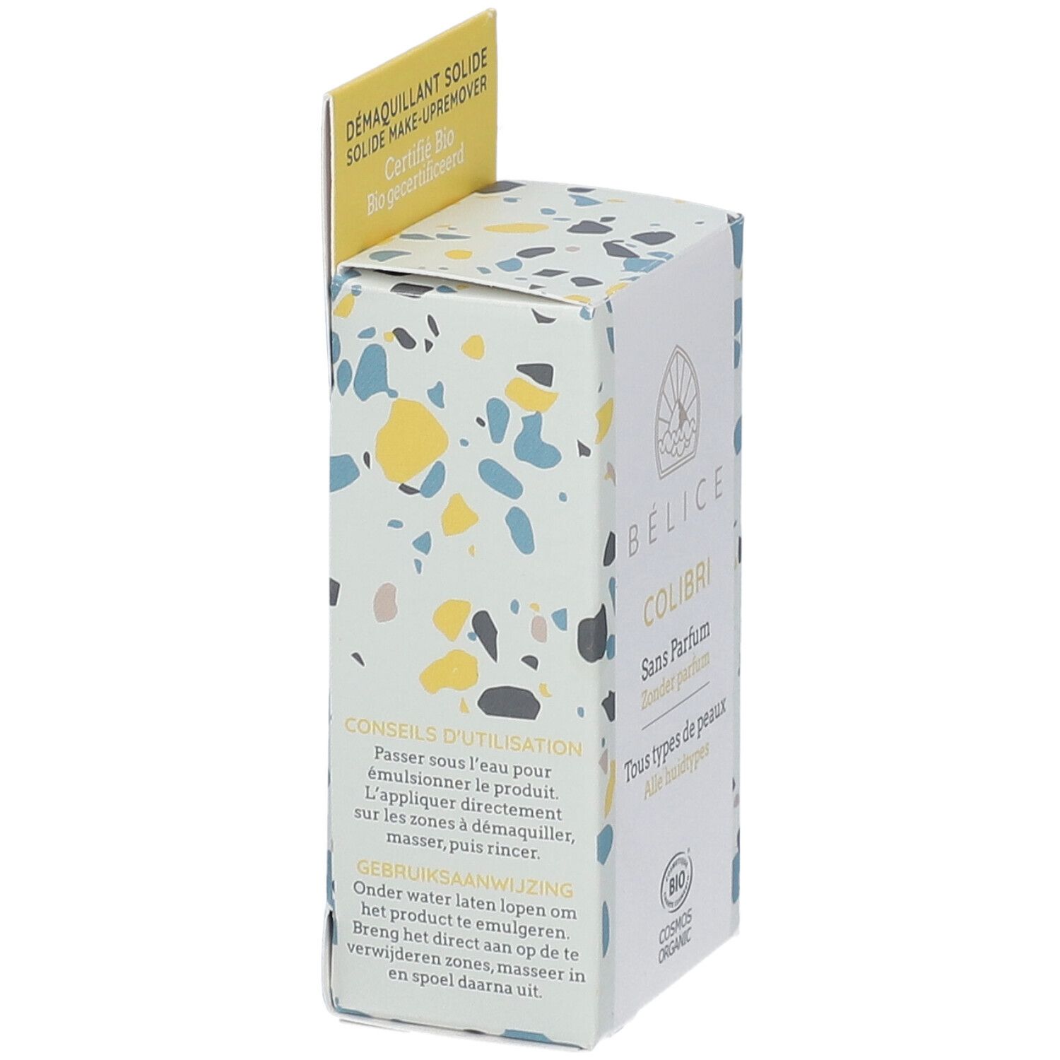 BÉLICE Kolibri démaquillant. Emballage avec instructions en français et néerlandais. Certification Cosmos Organic.