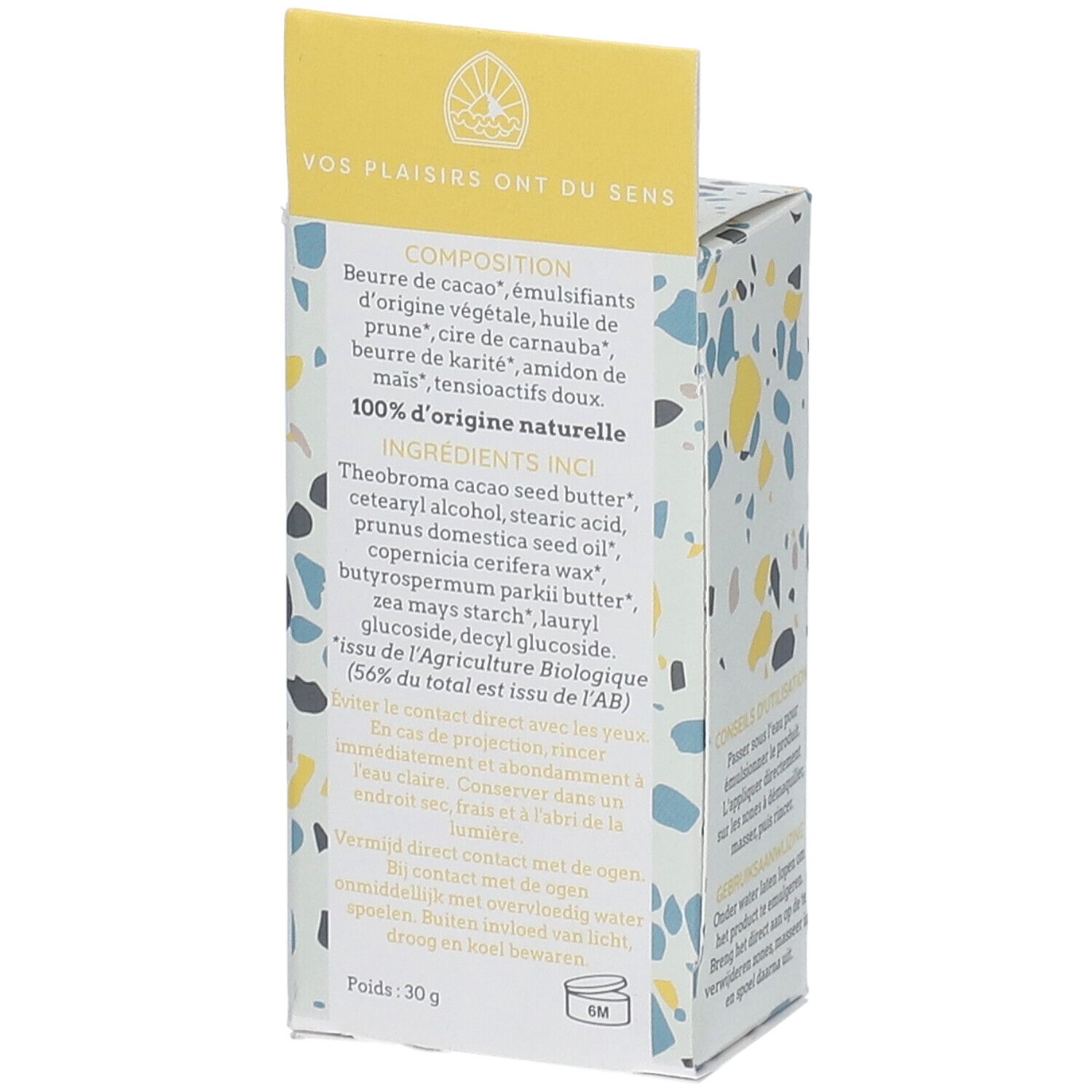 BÉLICE Kolibri démaquillant. Arrière de l'emballage avec ingrédients et mode d'emploi. Poids: 30g.