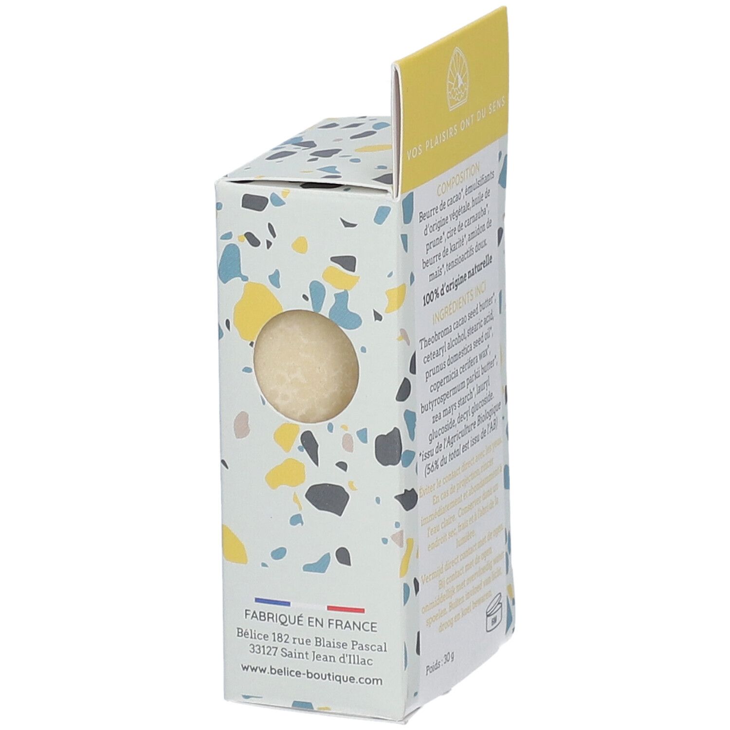 BÉLICE Kolibri démaquillant. Emballage avec produit. Fabriqué en France. 30g. Produit visible.