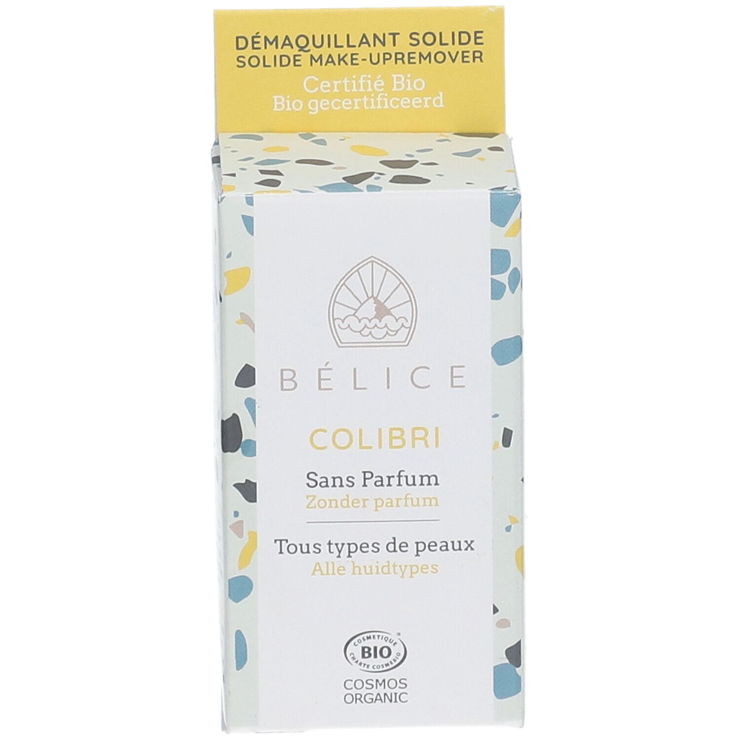 BÉLICE Kolibri démaquillant. Emballage avec partie jaune. Texte: Sans Parfum, Tous types de peaux. Bio.