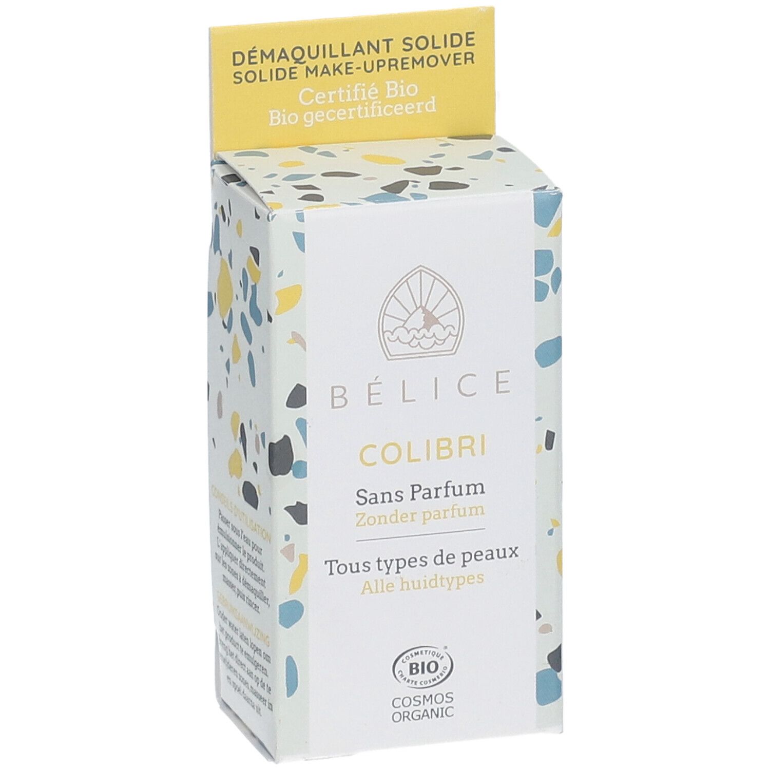 BÉLICE Kolibri démaquillant. Emballage avec partie jaune. Texte: Sans Parfum, Tous types de peaux. Bio.