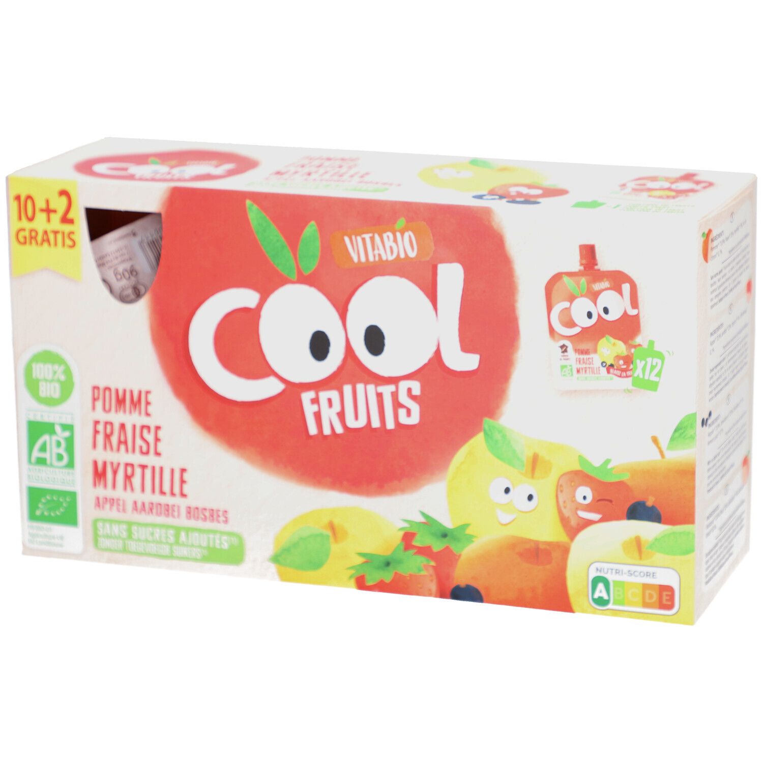 Boîte de Vitabio Cool Fruits. Inscription: Pomme, Fraise, Myrtille. 10+2 gratuits. Label AB bio.