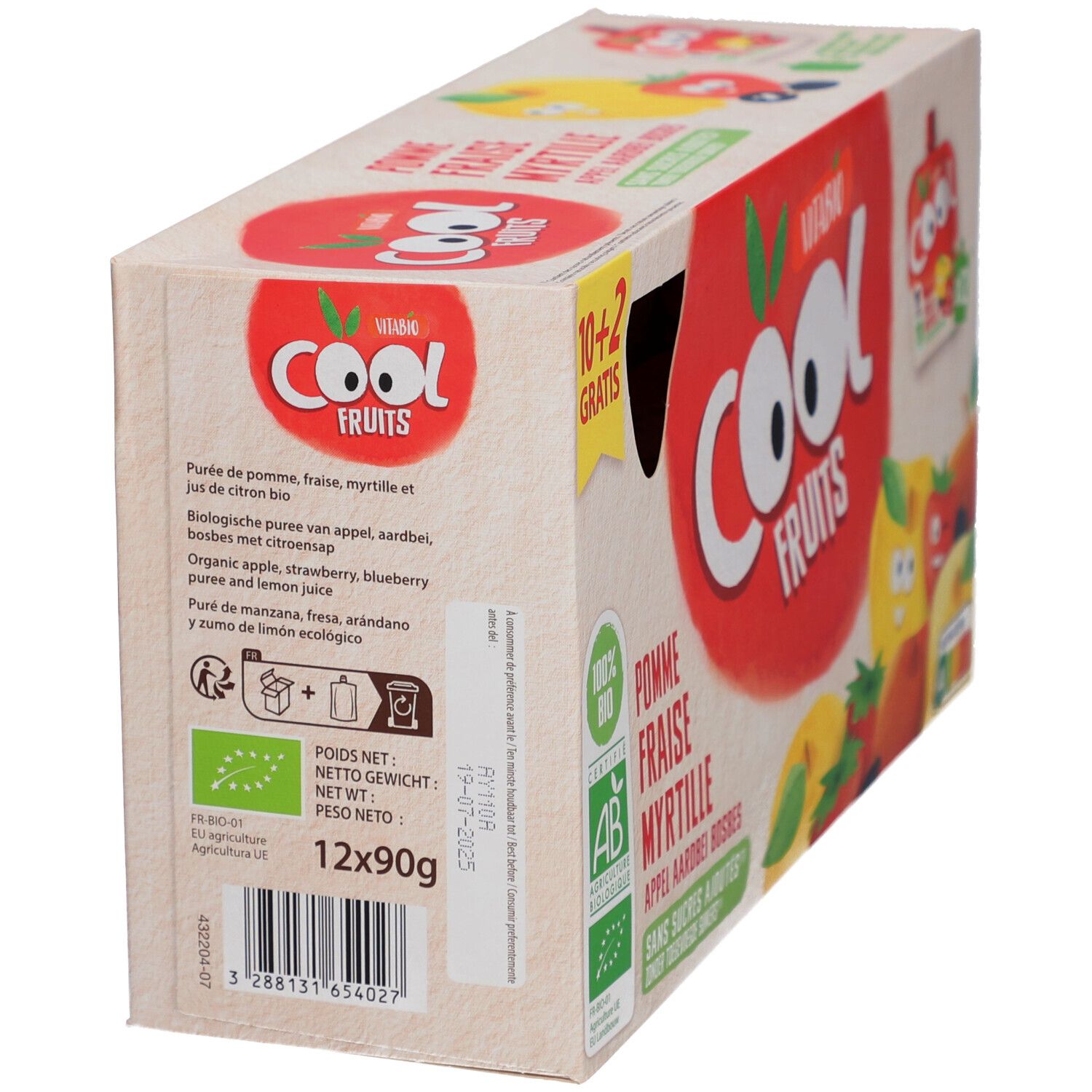 Dos de la boîte Vitabio Cool Fruits. Ingrédients, poids, label bio et date de péremption.