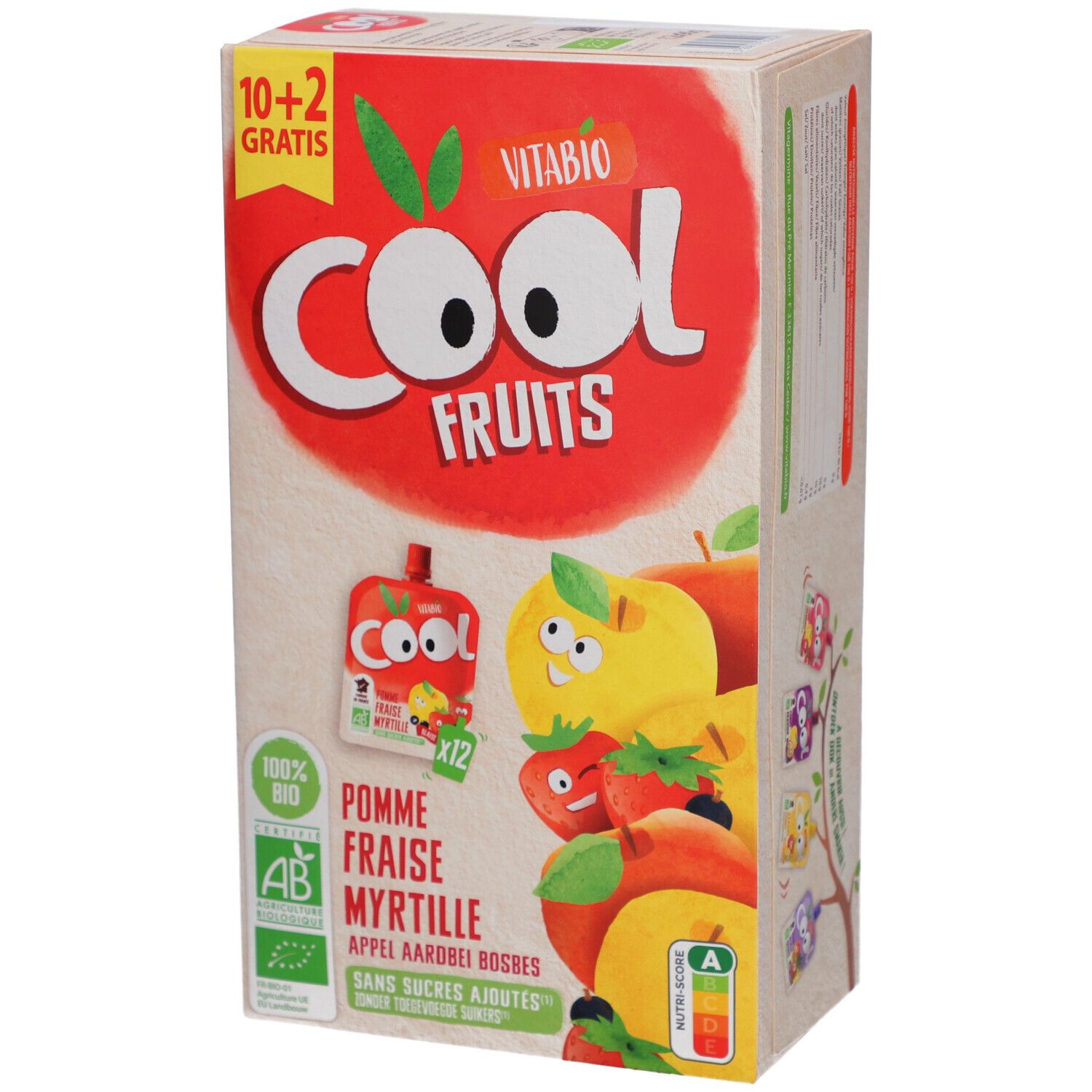 Boîte Vitabio Cool Fruits. Inscription: Pomme, Fraise, Myrtille. 10+2 gratuits. Label AB bio.