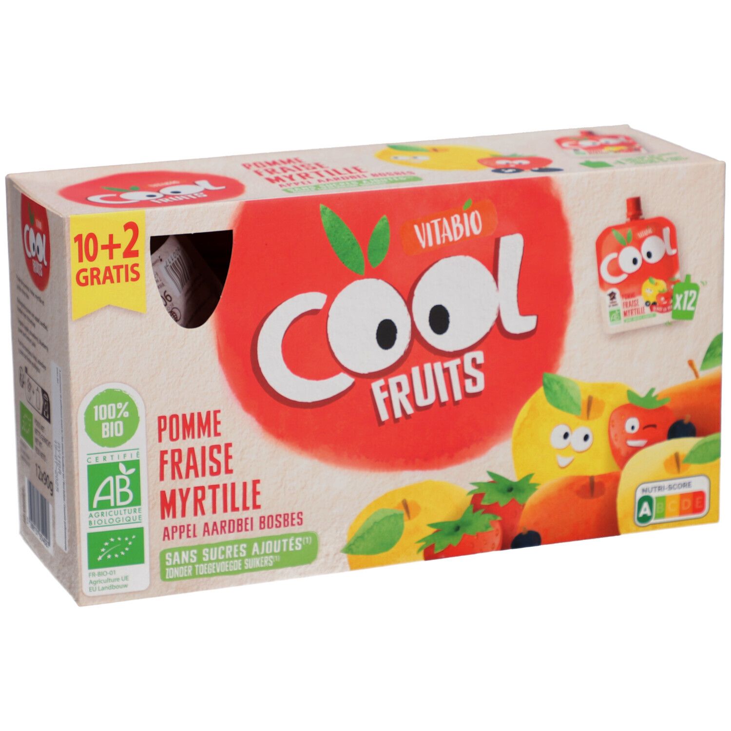 Boîte Vitabio Cool Fruits. Inscription: Pomme, Fraise, Myrtille. 10+2 gratuits. Label AB bio.