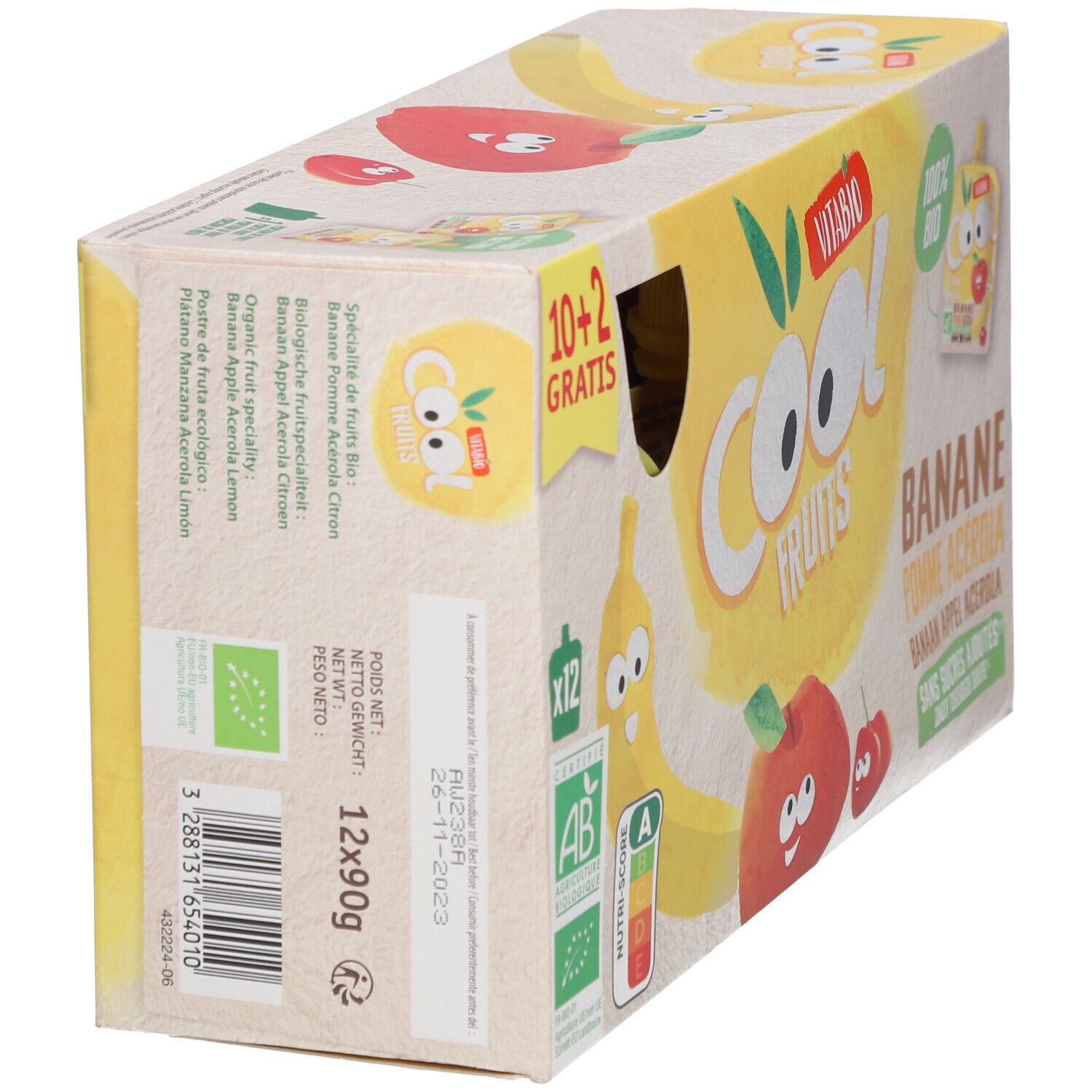 Boîte Vitabio Cool Fruits, banane pomme acérola. Illustrations de fruits. Inscription 10+2 gratuit, 100% bio, AB.