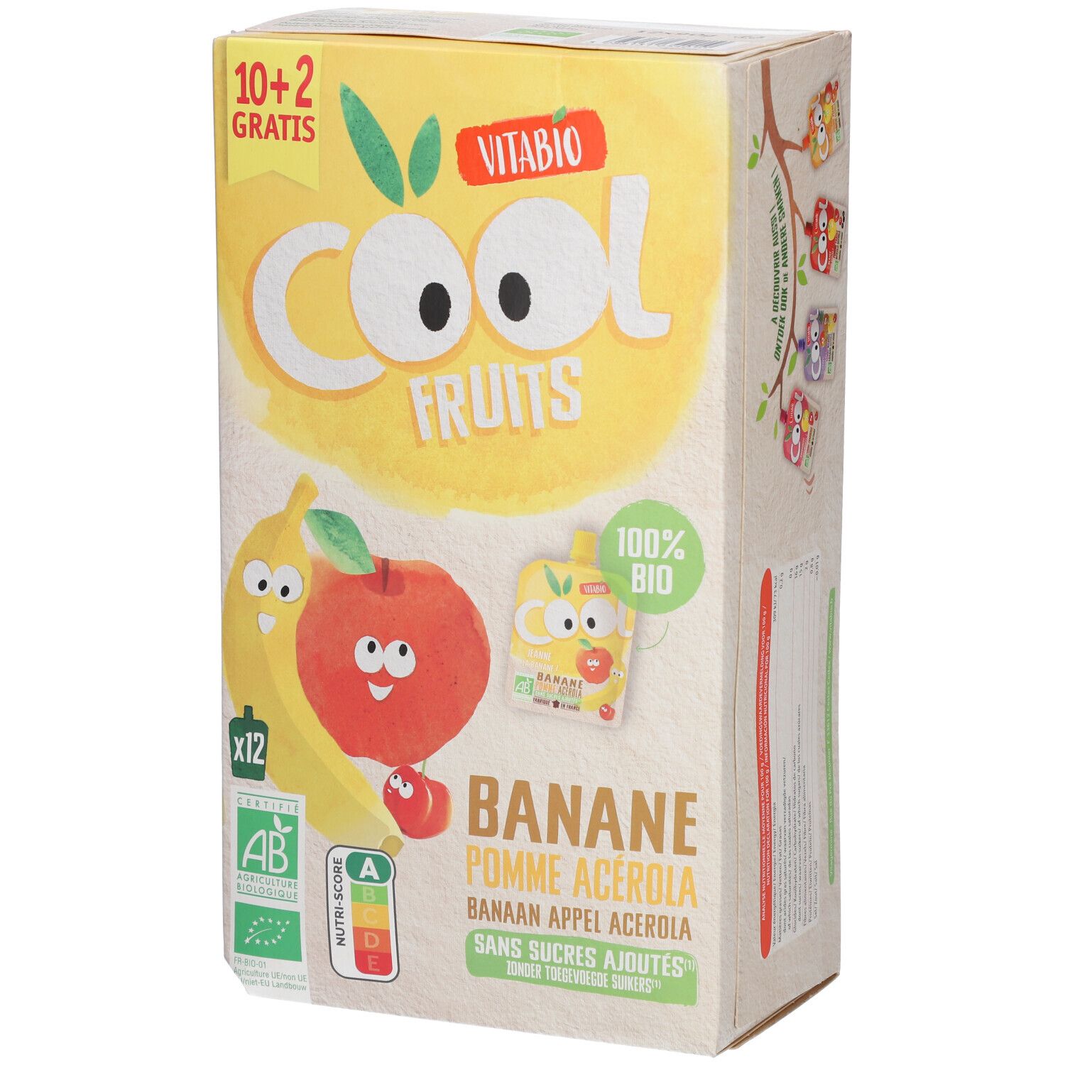Boîte Vitabio Cool Fruits, banane pomme acérola. Illustrations de fruits. Inscription 10+2 gratuit, 100% bio, AB.