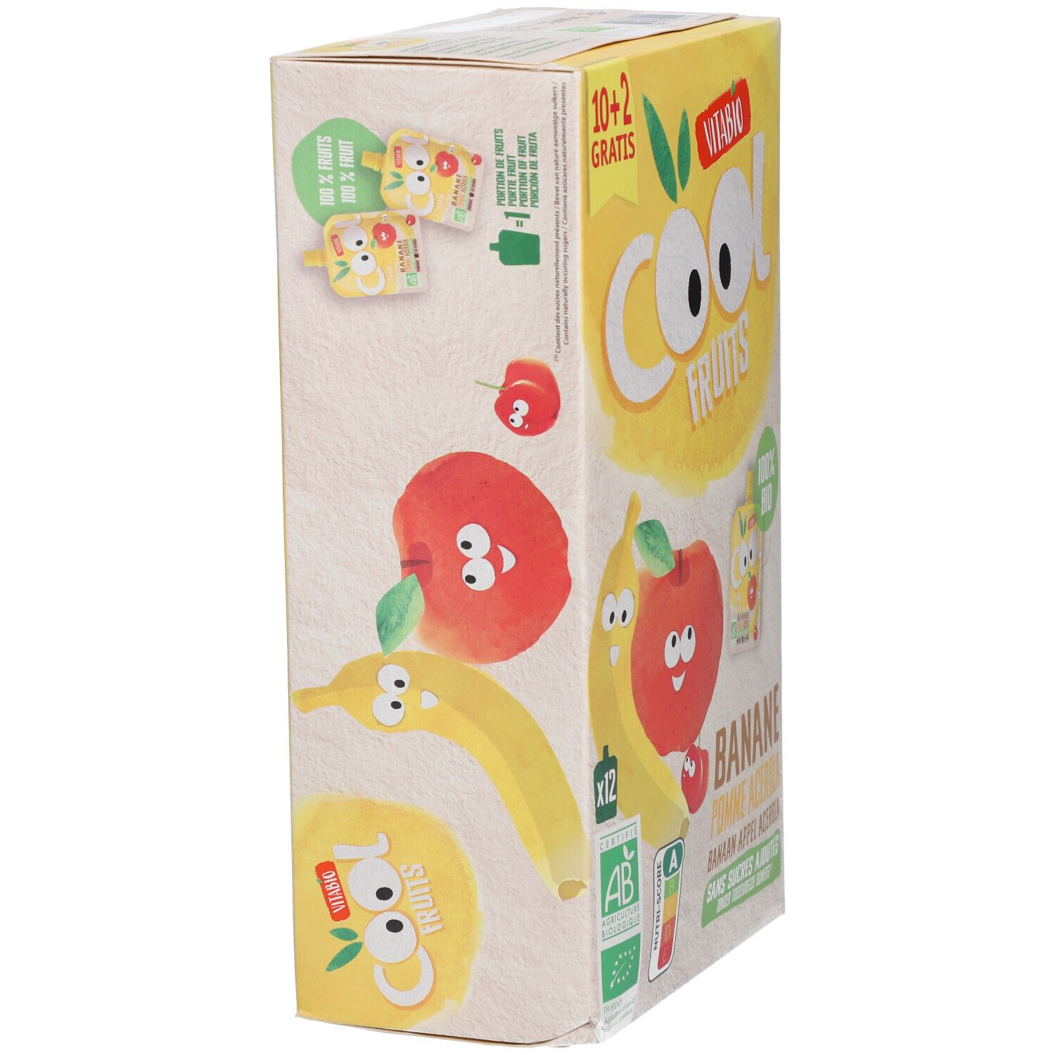 Boîte Vitabio Cool Fruits, banane pomme acérola. Illustrations de fruits. Inscription 10+2 gratuit, 100% bio, AB.