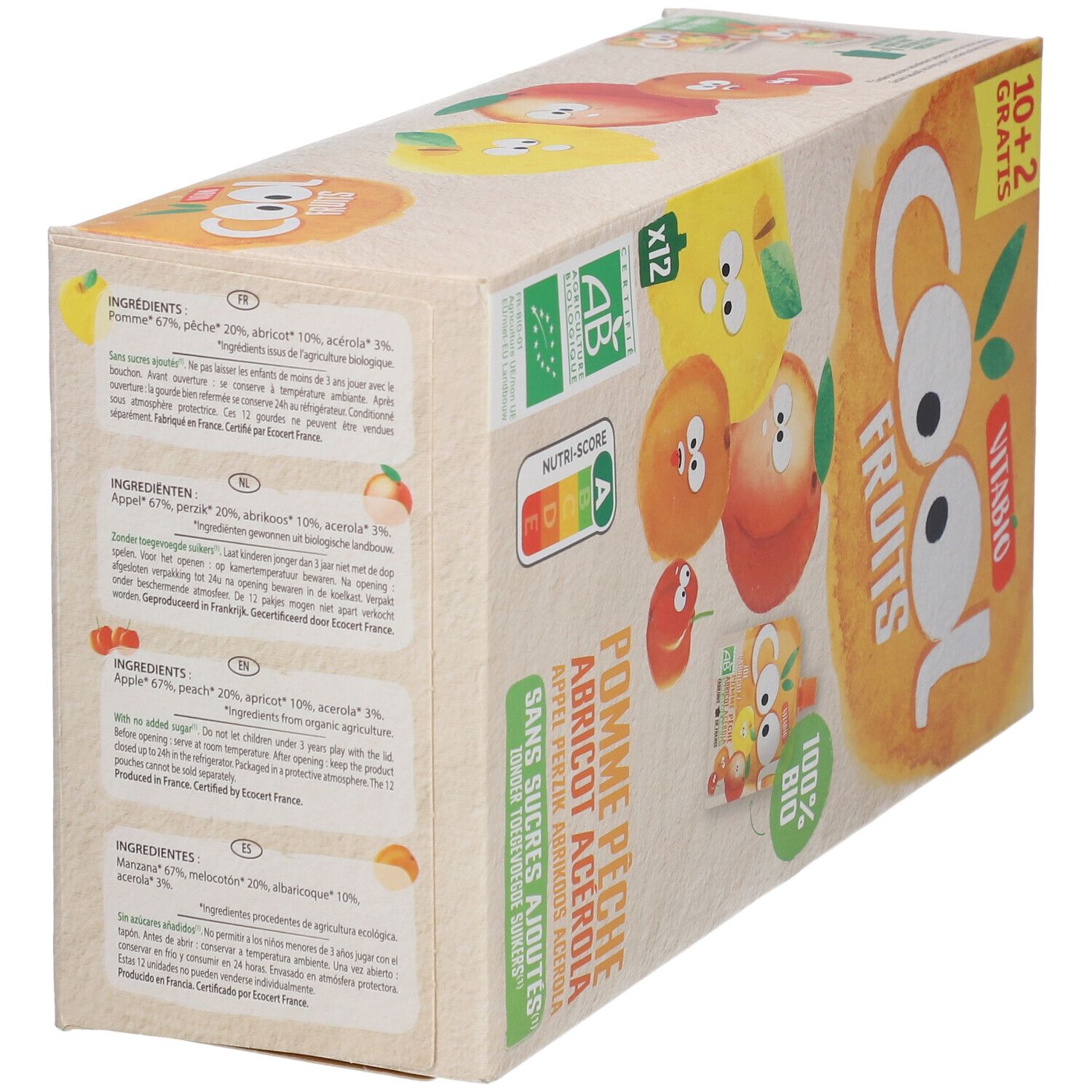 Vue oblique de la boîte VITABIO Cool Fruits. Ingrédients et label bio visibles.