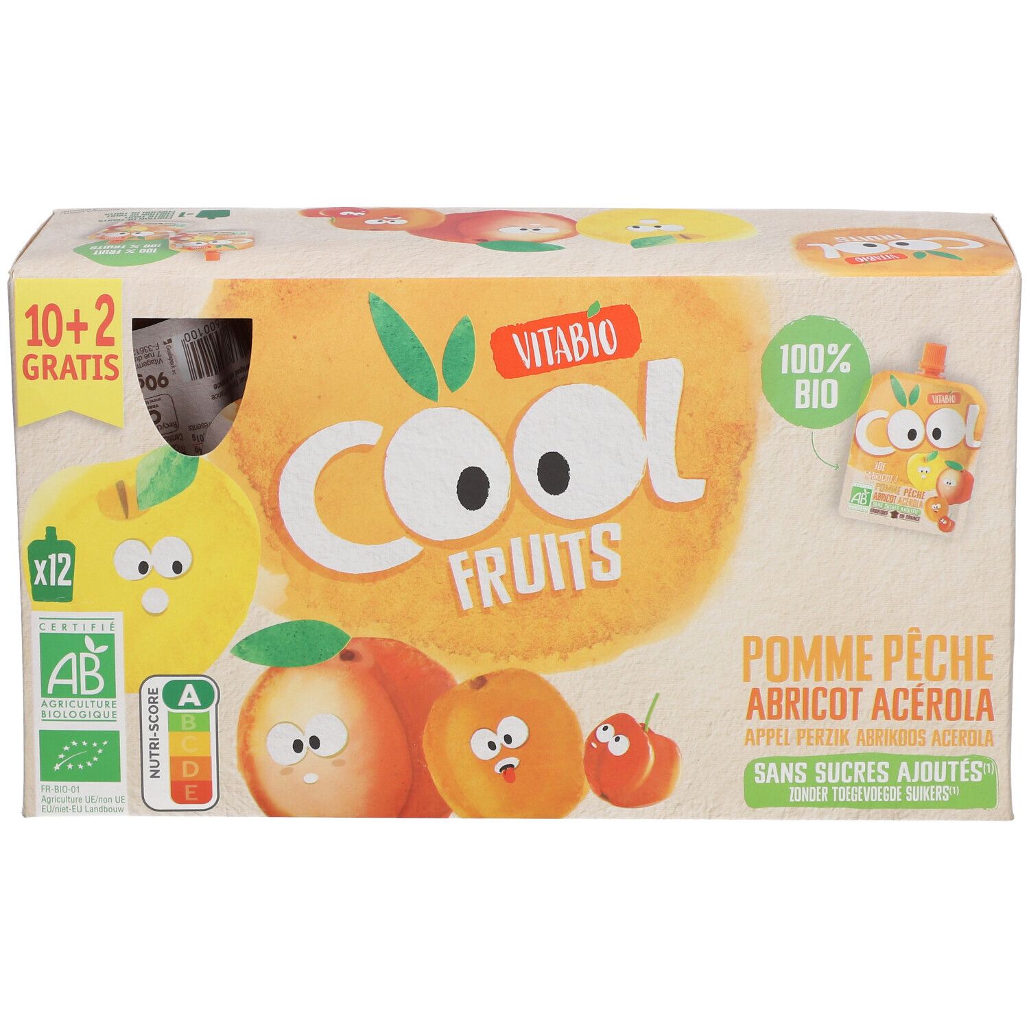 Boîte VITABIO Cool Fruits. Ingrédients : pomme, pêche, abricot, acérola. Label bio et Nutri-Score visibles.