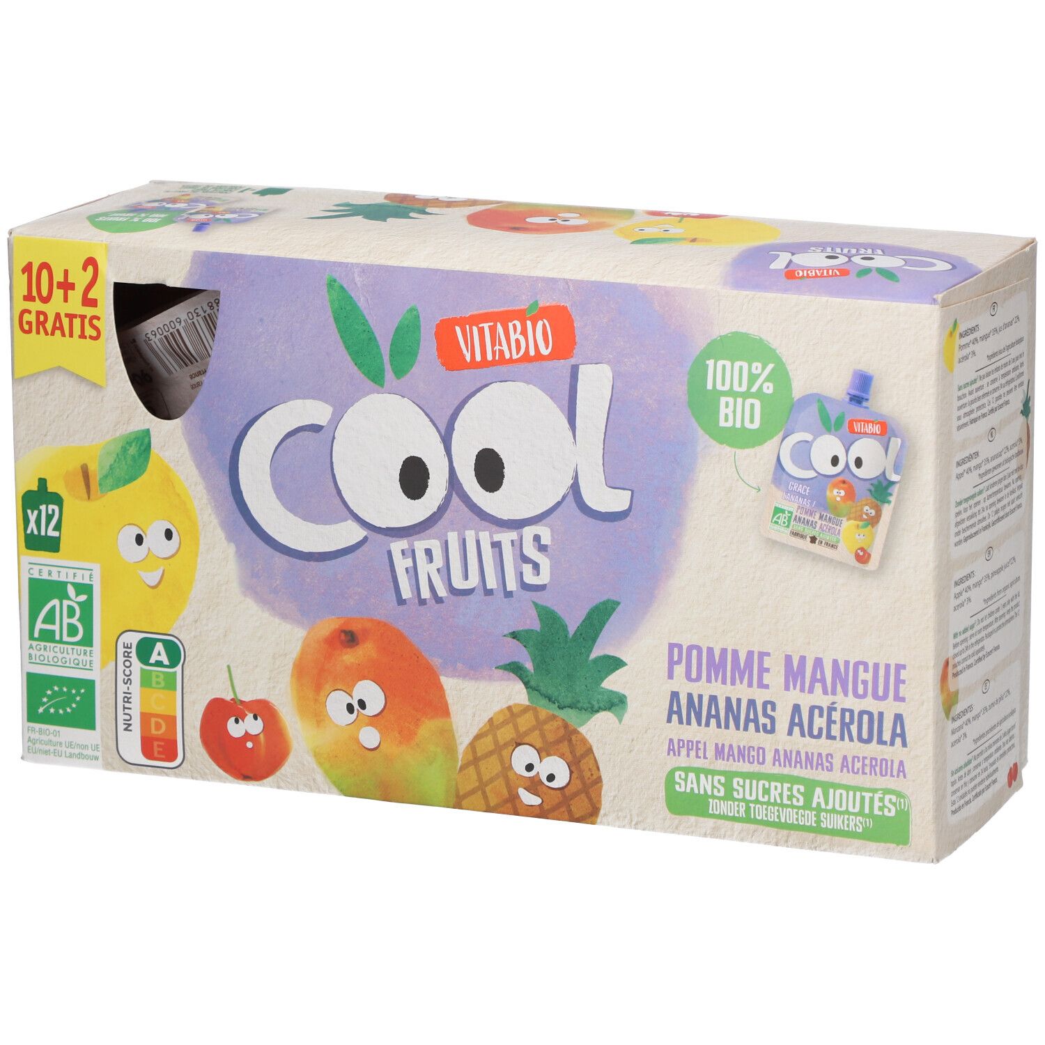 Emballage Vitabio Cool Fruits. Inscriptions: Cool Fruits, Pomme Mangue Ananas Acerola, 100% Bio, 10+2 gratuits, label AB.