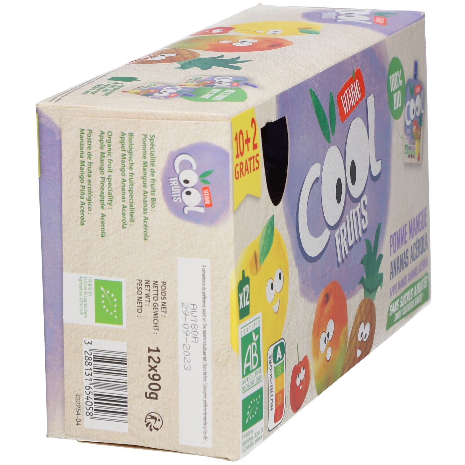 Emballage Vitabio Cool Fruits. Inscriptions: Cool Fruits, 10+2 gratuits, 12x90g, label AB, date de péremption.
