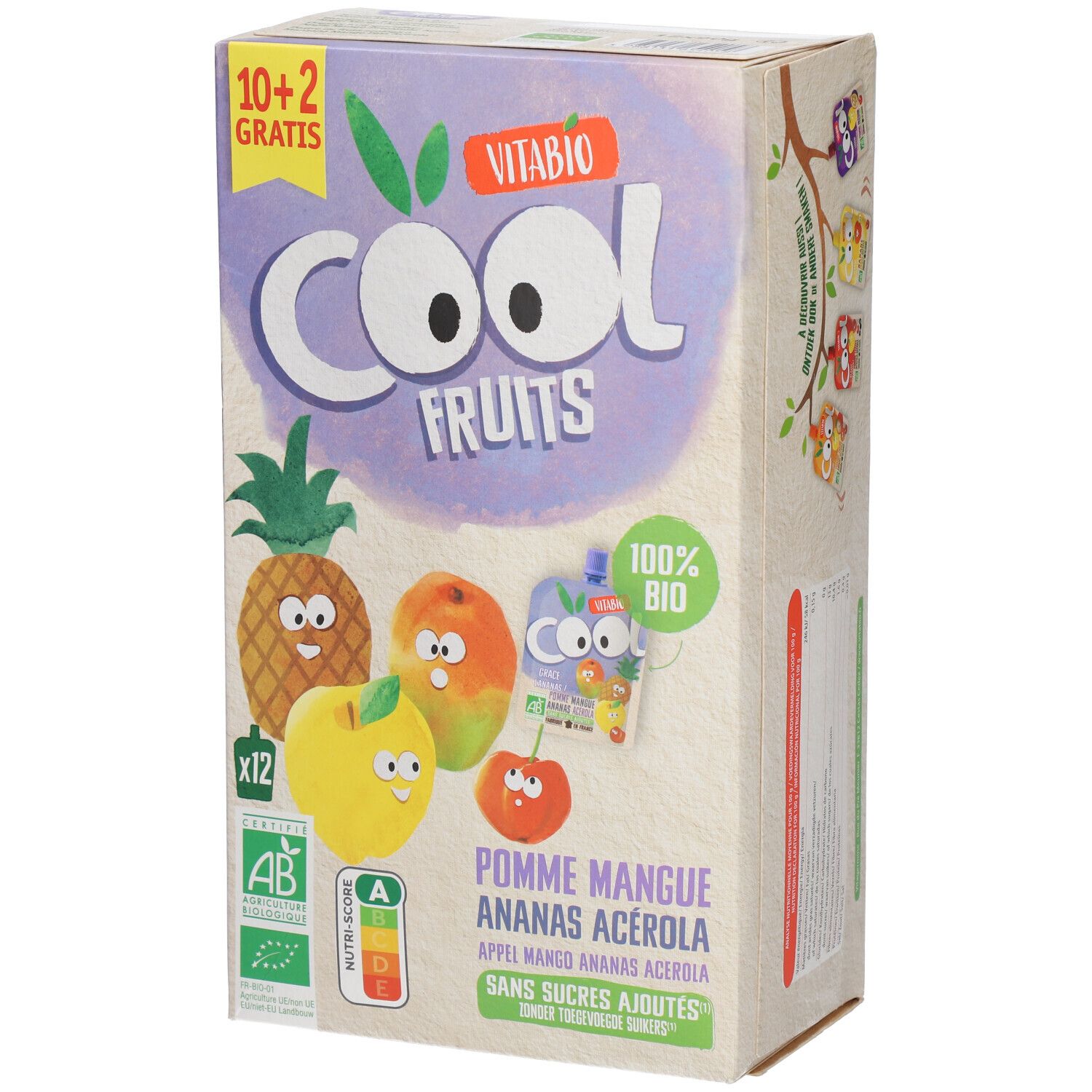Emballage Vitabio Cool Fruits. Inscriptions: Cool Fruits, Pomme Mangue Ananas Acerola, 100% Bio, 10+2 gratuits, label AB.