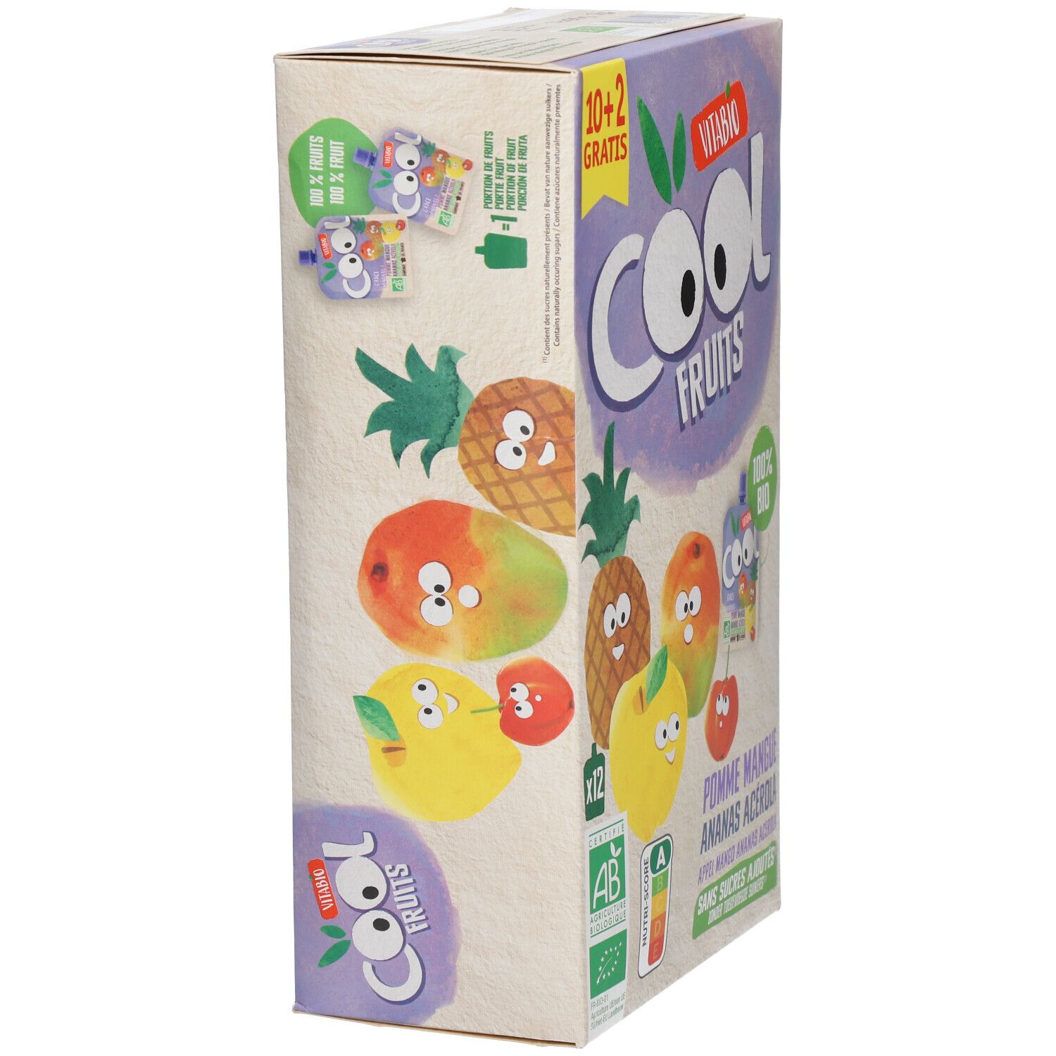 Emballage Vitabio Cool Fruits. Inscriptions: Cool Fruits, Pomme Mangue Ananas Acerola, 10+2 gratuits, label AB, illustrations.