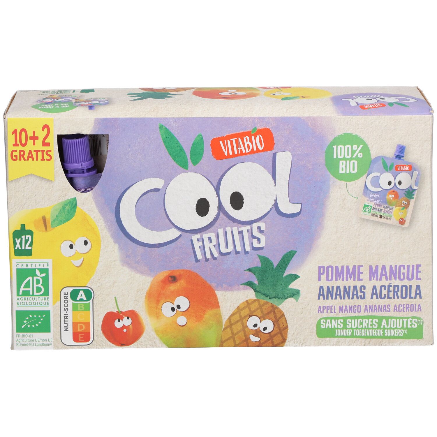 Emballage Vitabio Cool Fruits. Inscriptions: Cool Fruits, Pomme Mangue Ananas Acerola, 100% Bio, 10+2 gratuits, label AB, avec bouchon.