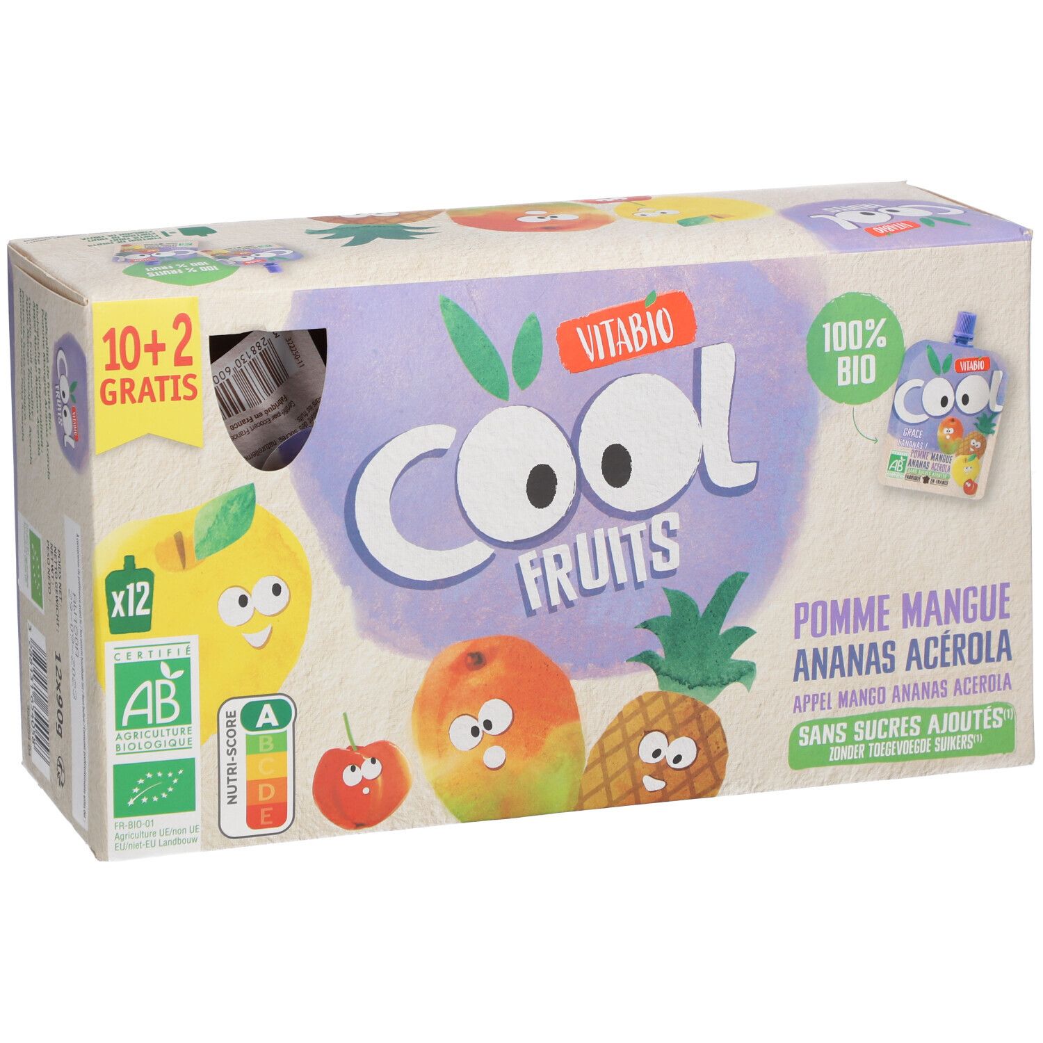 Emballage Vitabio Cool Fruits. Inscriptions: Cool Fruits, Pomme Mangue Ananas Acerola, 100% Bio, 10+2 gratuits, label AB.