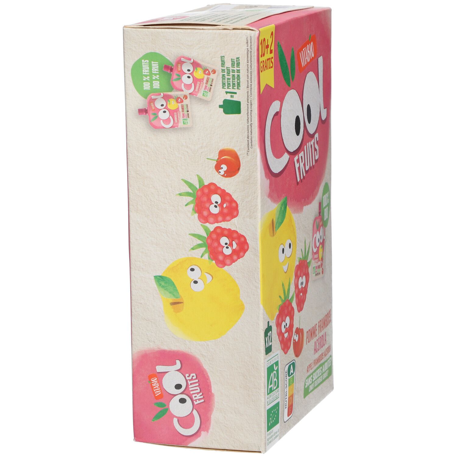 Vue latérale de la boîte Vitabio Cool Fruits. Illustrations: pomme, framboise. Inscription: 10+2 gratuits. Label bio.