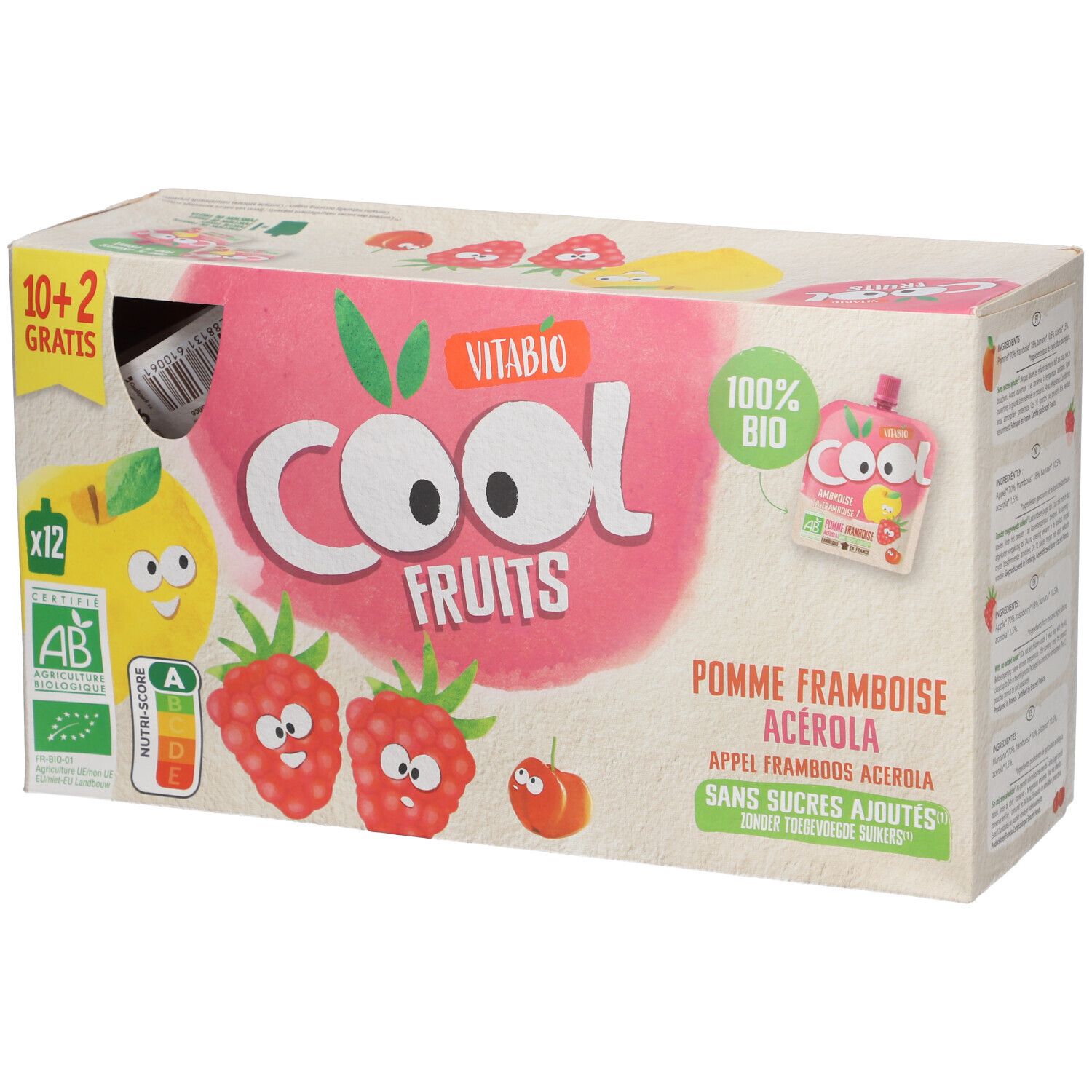 Boîte Vitabio Cool Fruits. Illustrations: pomme, framboise, acérola. Inscription: 10+2 gratuits. Label bio. 12 sachets.