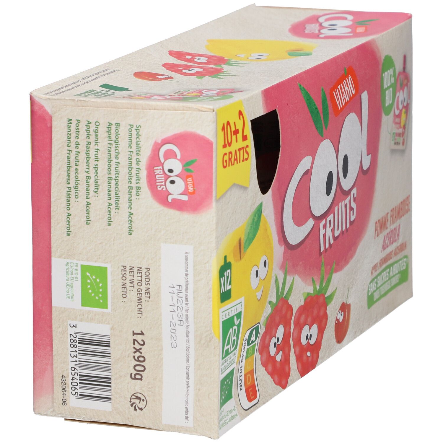Boîte Vitabio Cool Fruits. Inscriptions: pomme, framboise, acérola. 10+2 gratuits. Label bio. Tableau nutritionnel.