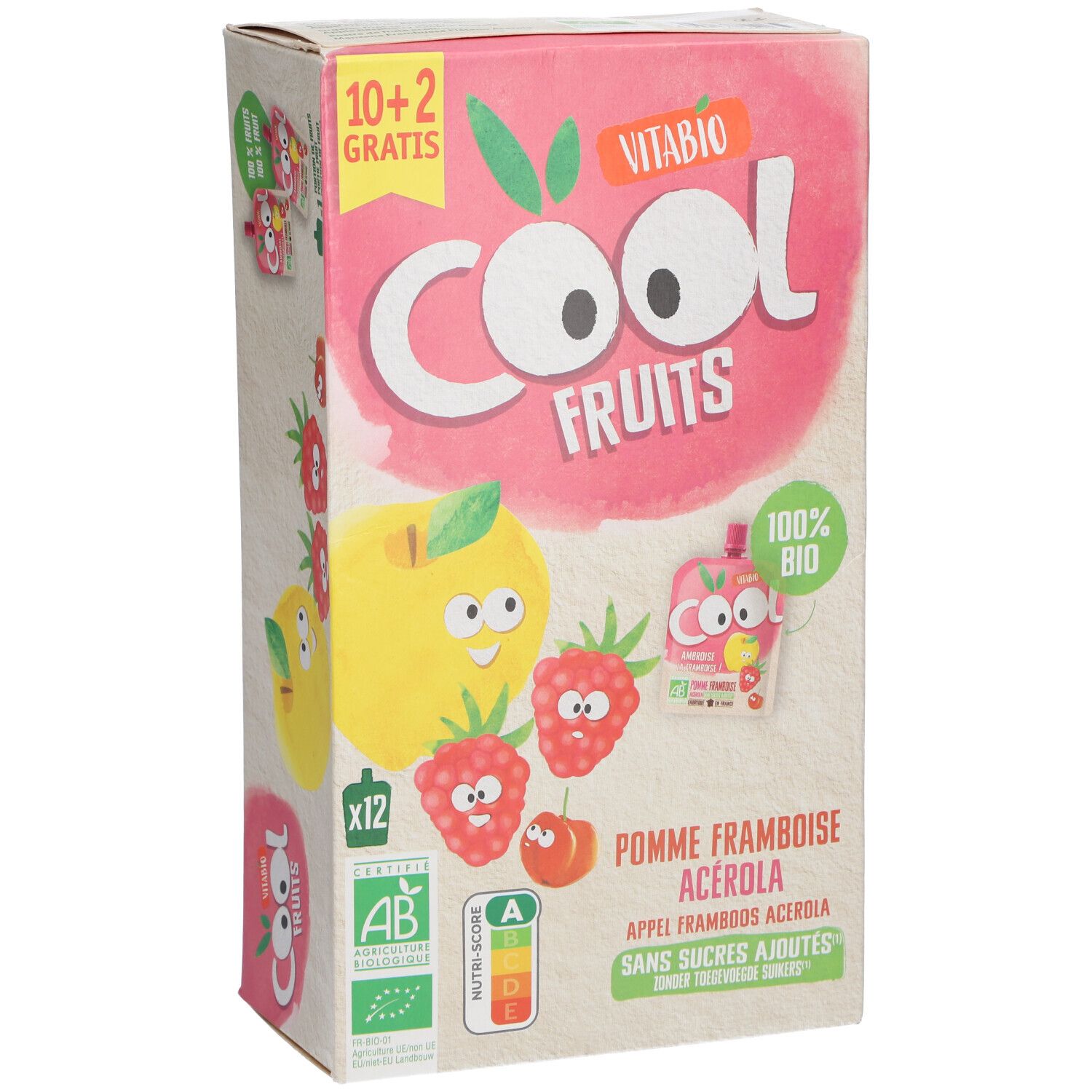 Boîte Vitabio Cool Fruits. Illustrations: pomme, framboise, acérola. Inscription: 10+2 gratuits. Label bio. 12 sachets.