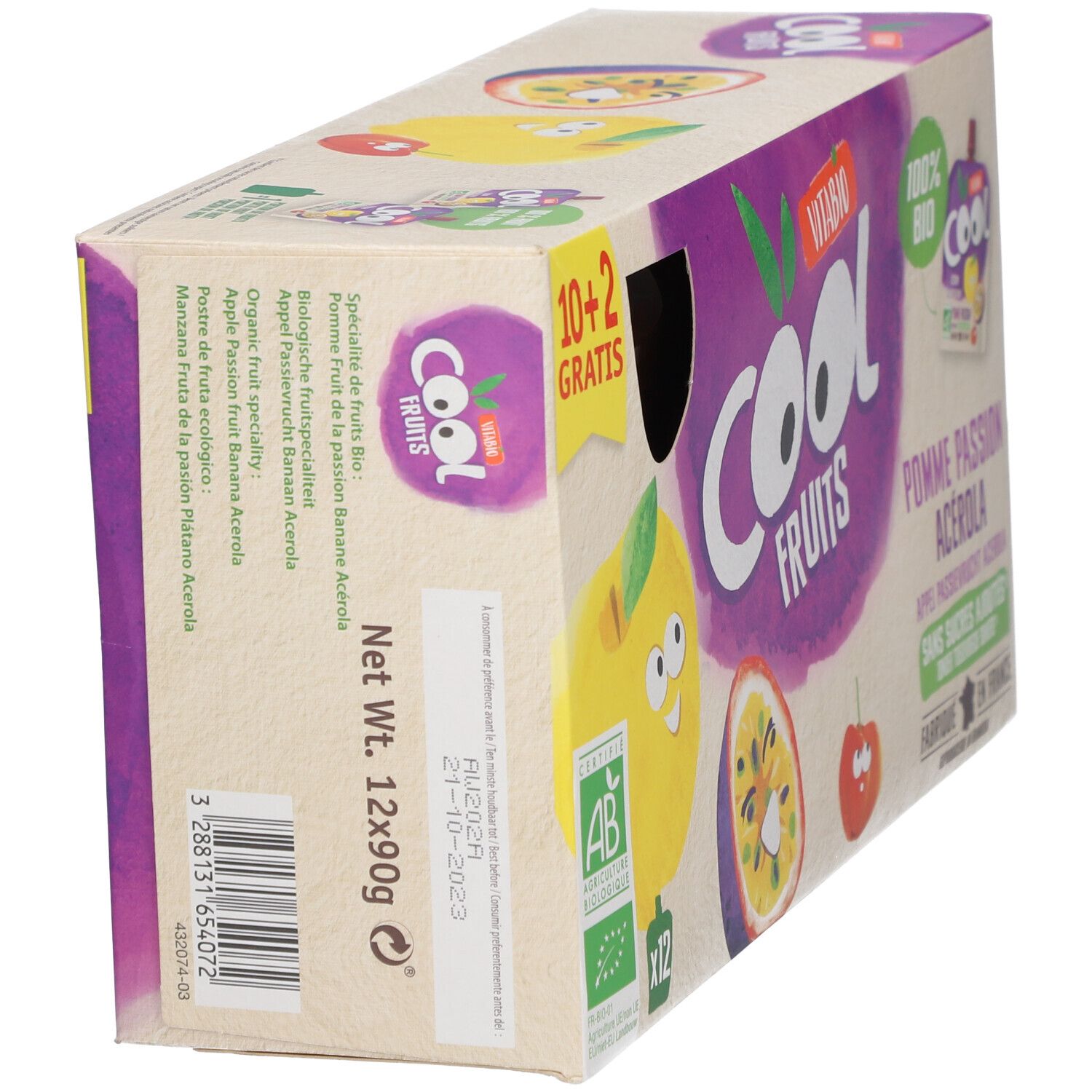 Boîte en carton, vue oblique. Inscriptions : logo, texte, label bio, poids net. Contient 12 sachets Cool Fruits.