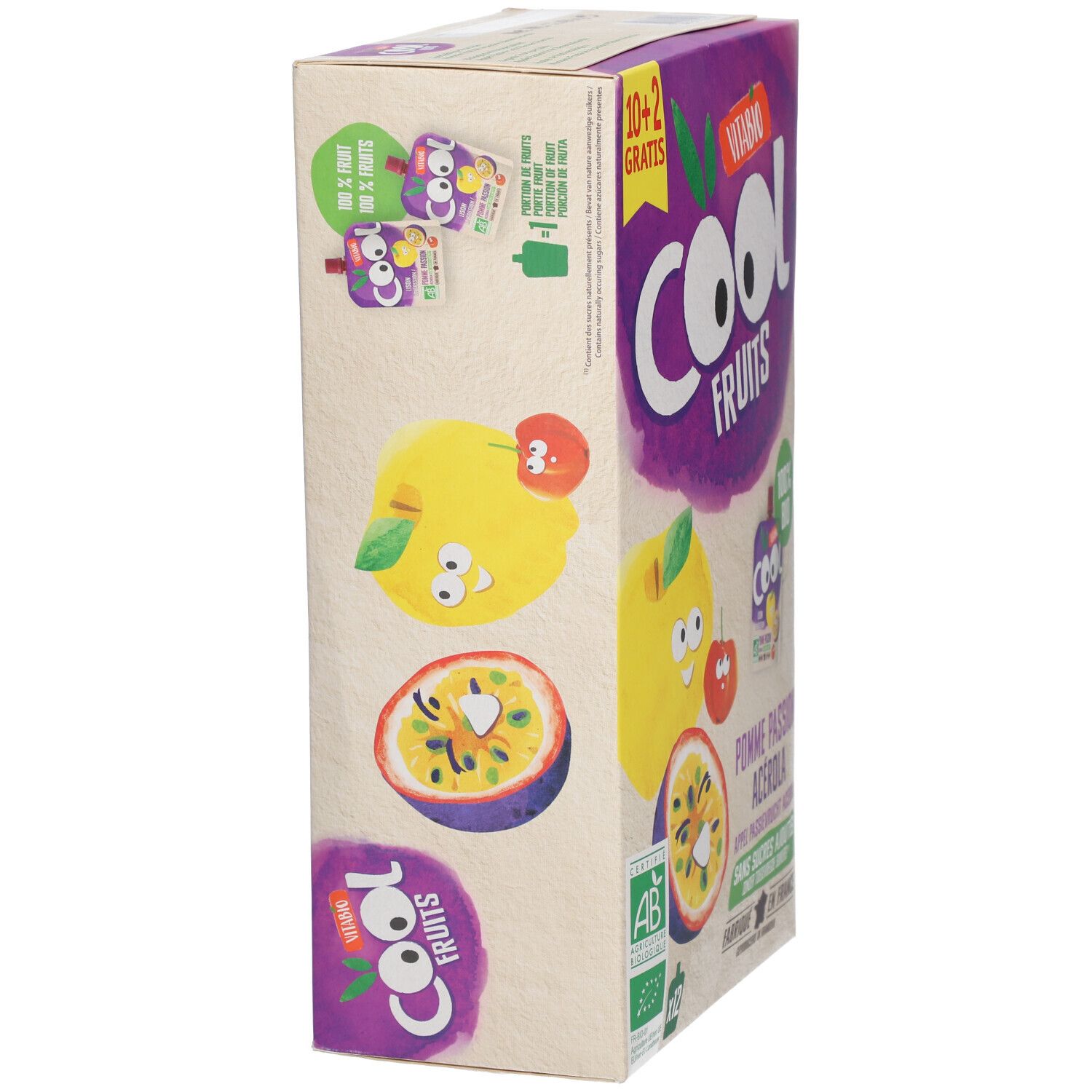 Boîte en carton, vue latérale. Inscriptions : logo, fruits, texte. Label bio. Contient 12 sachets Cool Fruits.