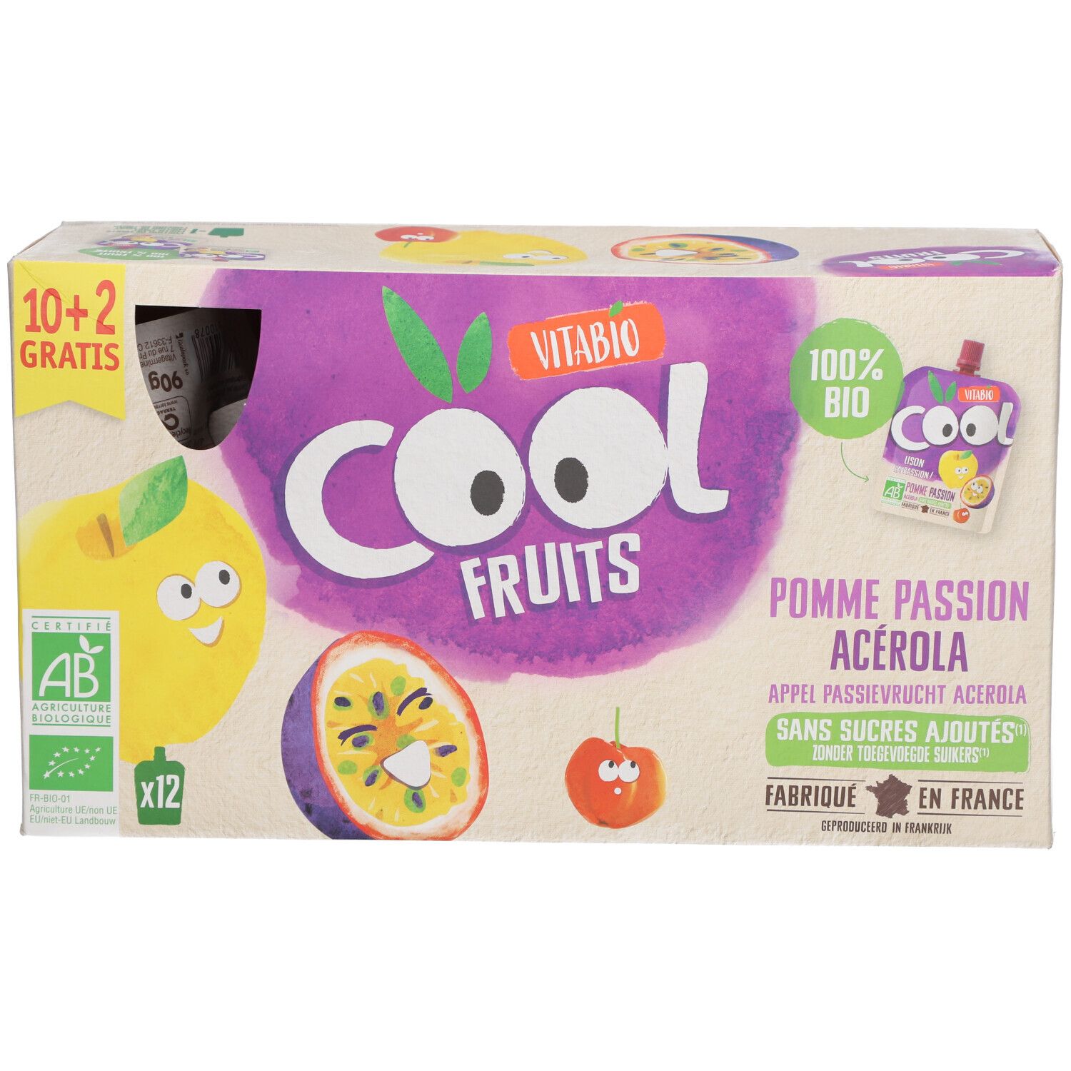 Boîte en carton avec impressions. Contient 12 sachets Cool Fruits. Inscriptions : logo, fruits, texte. Label bio.