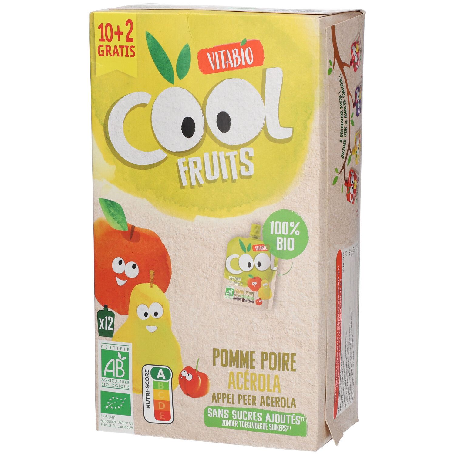 Boîte Cool Fruits Pomme - Poire Bio. Inscriptions : Vitabio, Cool Fruits, 100% Bio, label AB, Nutri-Score, 12 sachets.