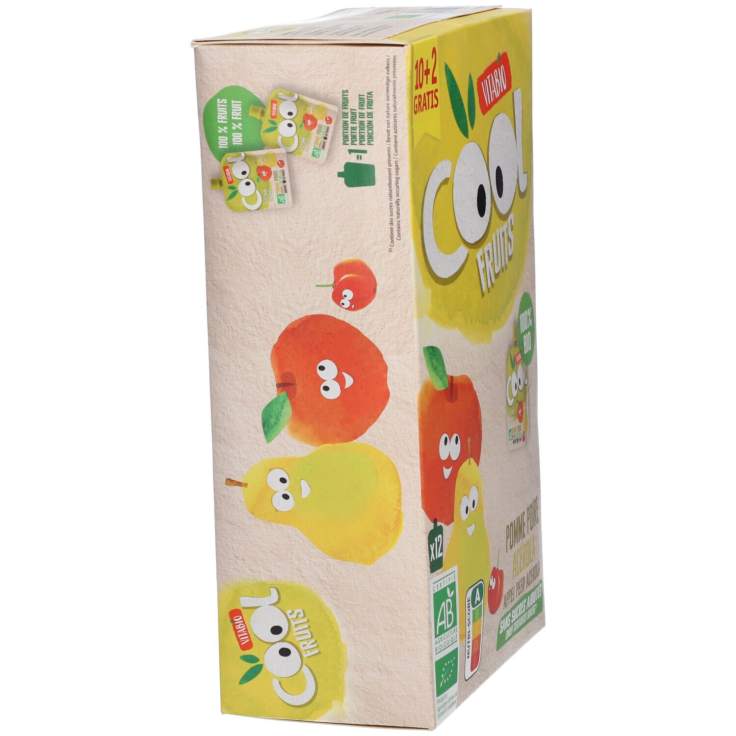 Boîte Cool Fruits Pomme - Poire Bio. Inscriptions : Vitabio, Cool Fruits, 100% Bio, label AB, Nutri-Score, 12 sachets.