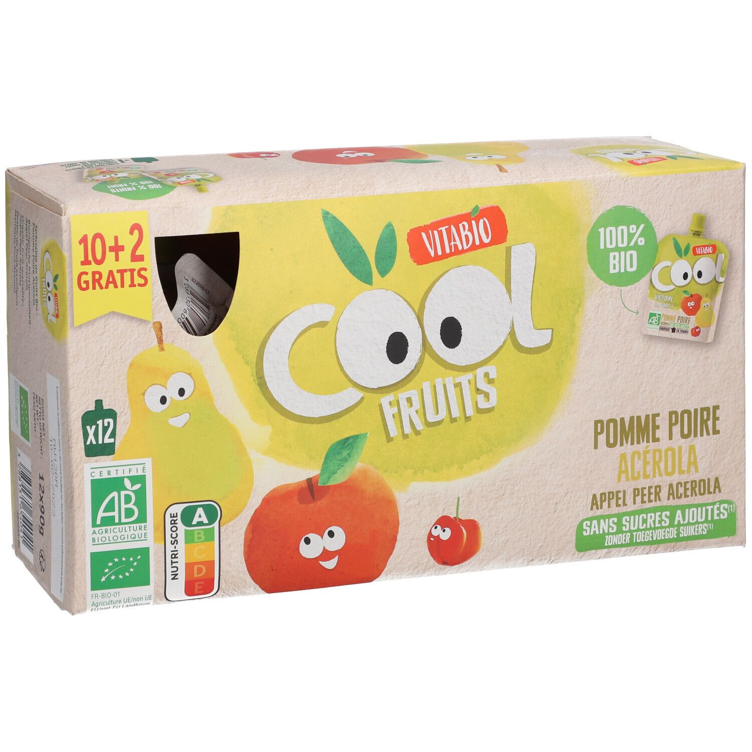 Boîte Cool Fruits Pomme - Poire Bio. Inscriptions : Vitabio, Cool Fruits, 100% Bio, label AB, Nutri-Score, 12 sachets.