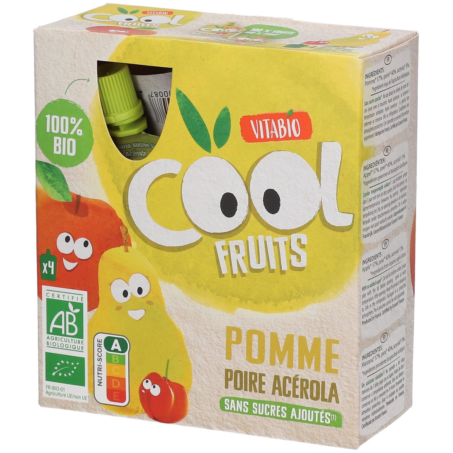 Boîte de Vitabio Cool Fruits Pomme - Poire Acerola. 4 sachets. Certification bio. Contient pomme, poire et acérola. Sans sucres ajoutés.