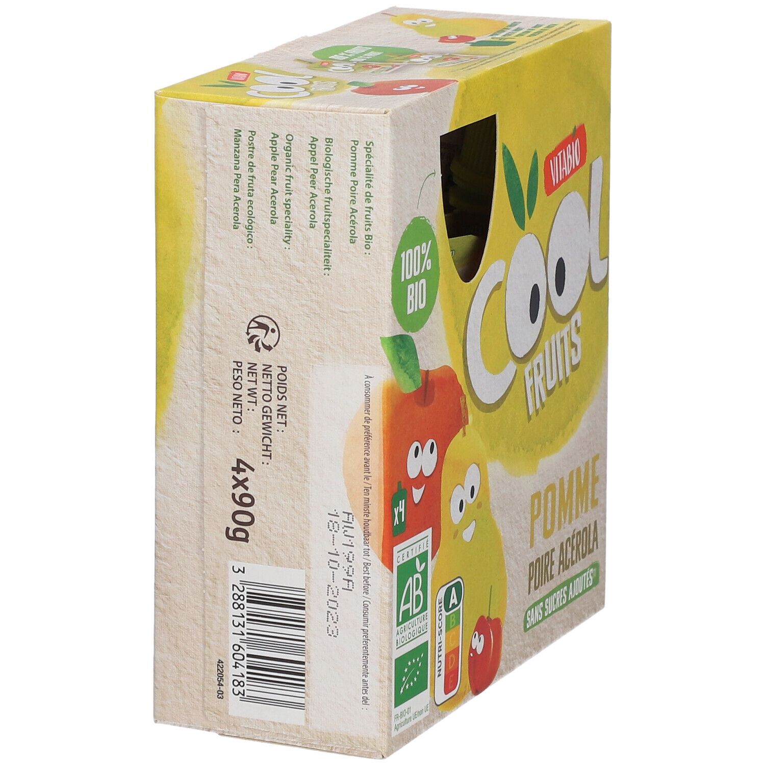 Vue latérale de la boîte Vitabio Cool Fruits. Contient 4x90g. Certification bio. Ingrédients: pomme, poire, acérola. Date de péremption.