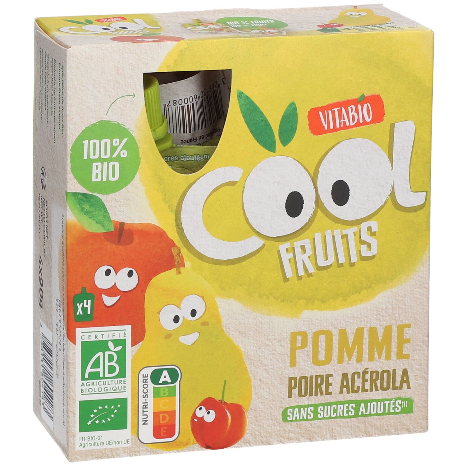 Boîte de Vitabio Cool Fruits Pomme - Poire Acerola. 4 sachets. Certification bio. Contient pomme, poire et acérola. Sans sucres ajoutés.