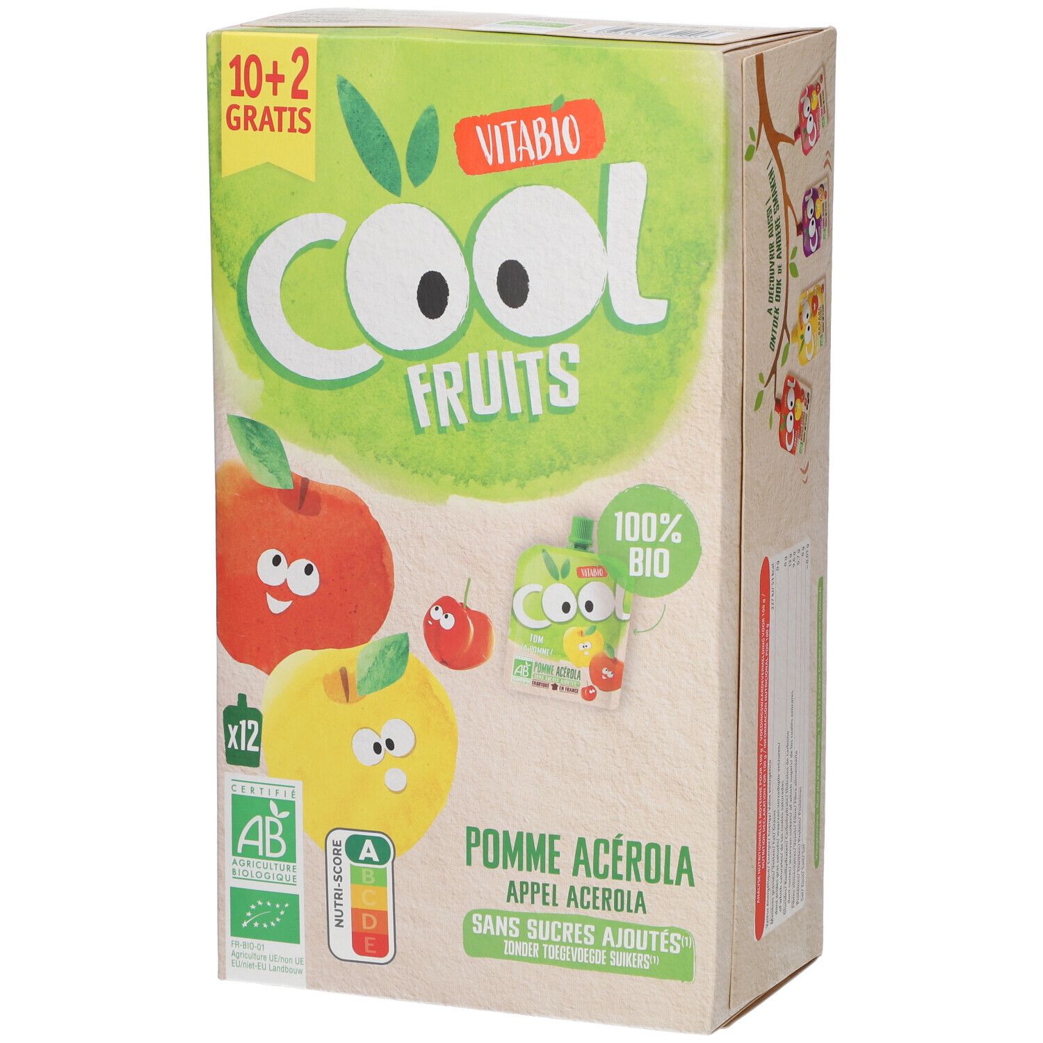 Boîte Vitabio Cool Fruits Pomme Acerola. Inscriptions : 10+2 gratuits, label bio, Nutri-Score. Illustrations de pommes et de gourdes.