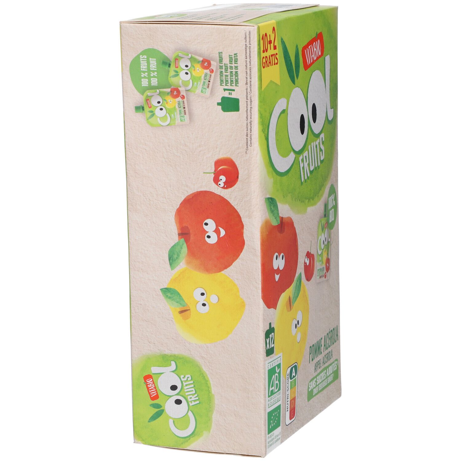Boîte Vitabio Cool Fruits Pomme Acerola. Inscriptions : 10+2 gratuits, label bio, Nutri-Score. Illustrations de pommes et de gourdes.